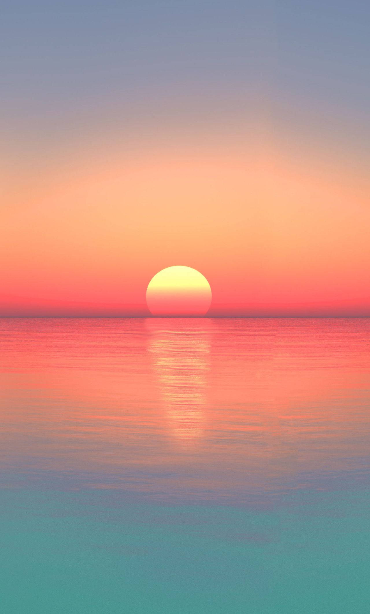Sunset Beach 桌布 壁紙 — 寧靜的日落，一顆發光的太陽懸浮在平靜的水面上，反射出鮮豔的橙色和藍綠色調。