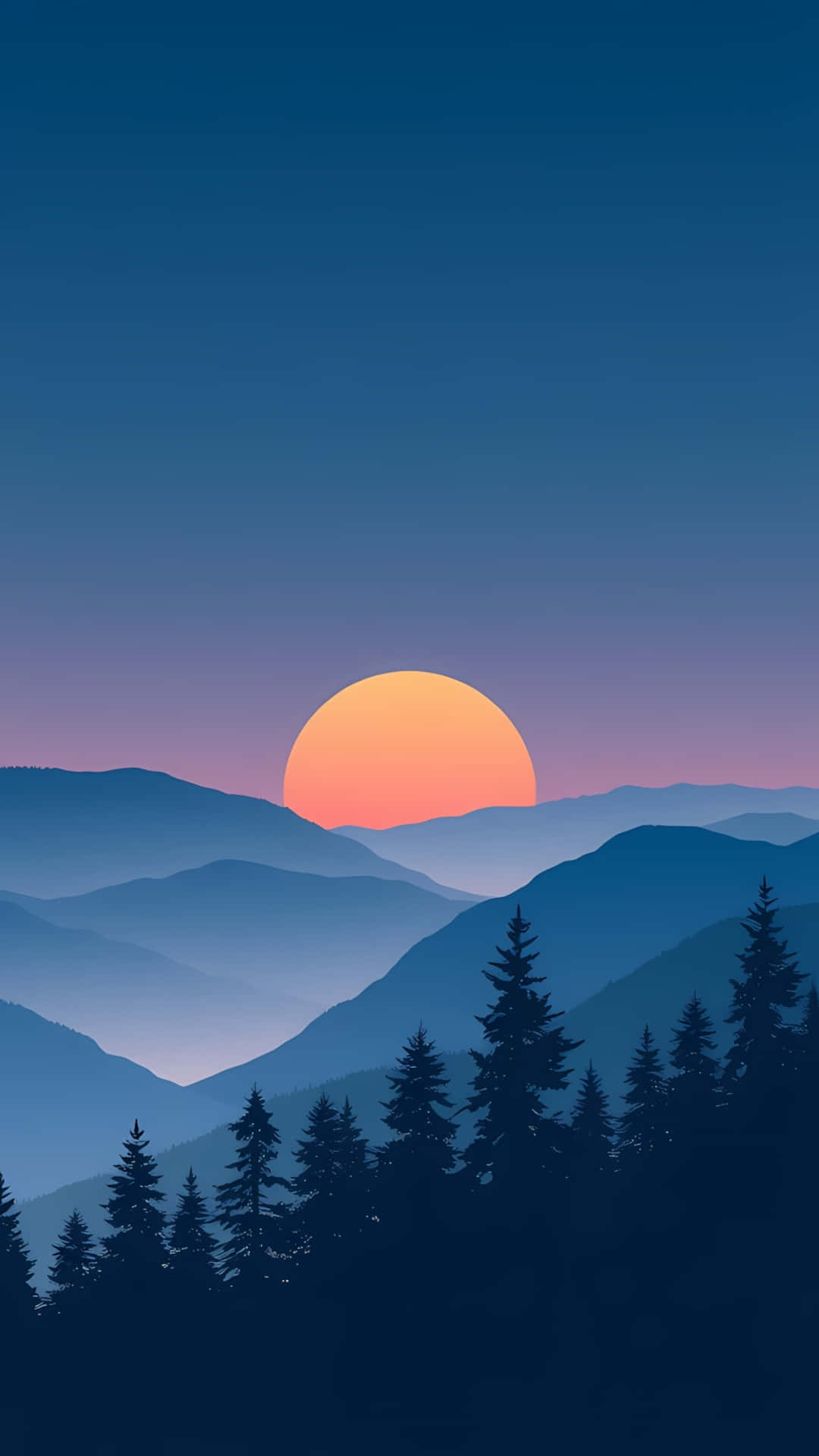 Minimal Blue Mountain Landscape with Sunrise 壁紙 — 寧靜的日落，橙色的太陽落在層疊的藍色山脈和深色松樹後面。