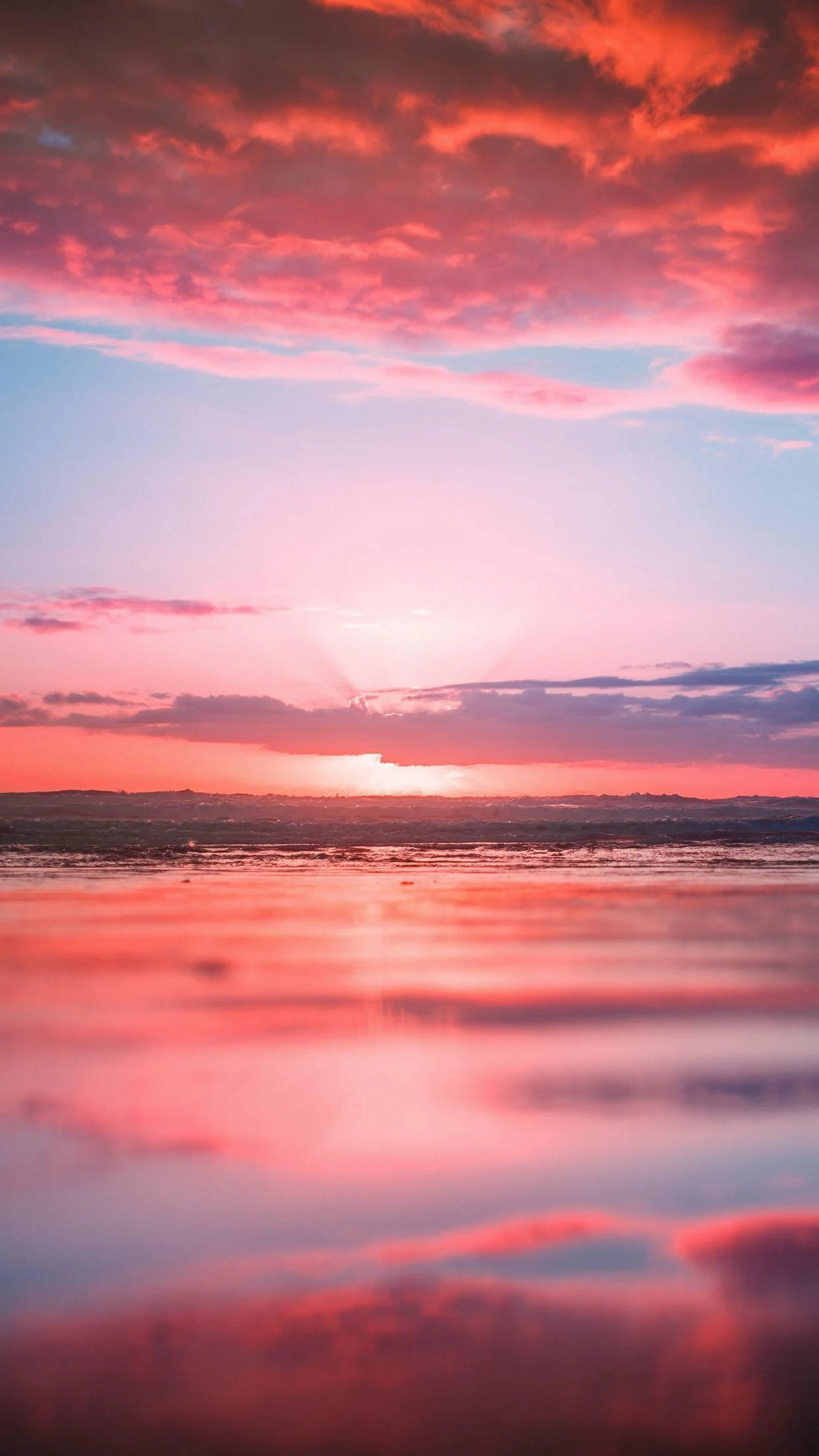夕陽天空 桌布 壁紙 — 寧靜的日落，水面倒映著火紅的粉紅雲彩，平靜如鏡。