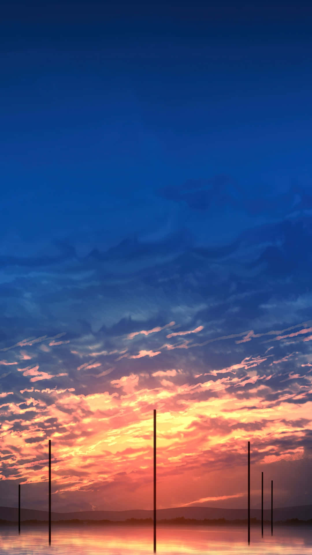 夕陽天空 桌布 壁紙 — 寧靜的日落，水面倒映著鮮豔的橙色和粉紅色雲彩，深色垂直的柱子在地平線上形成剪影。
