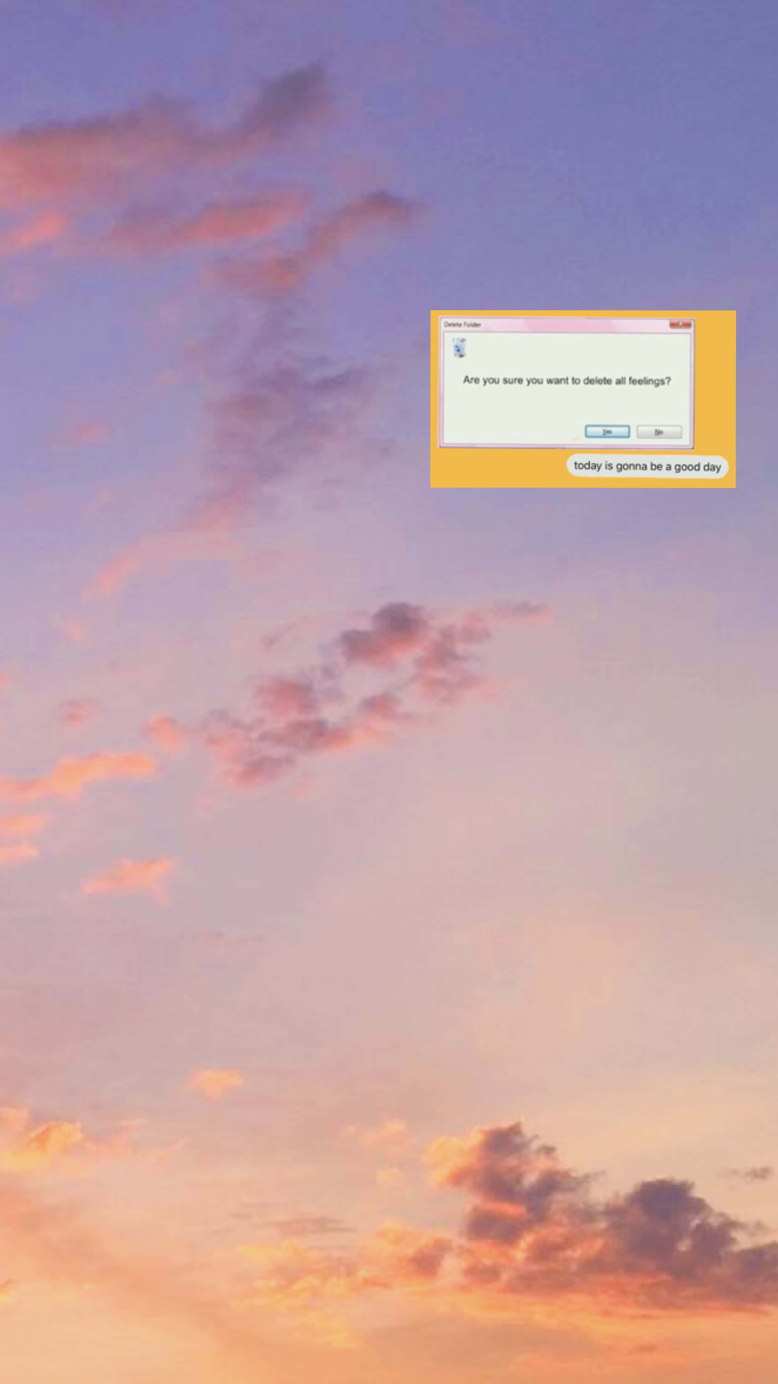 text 桌布 壁紙 — 寧靜的日落天空，粉紅色和橙色的雲朵上覆蓋著一個詢問是否刪除所有情感的電腦對話框。