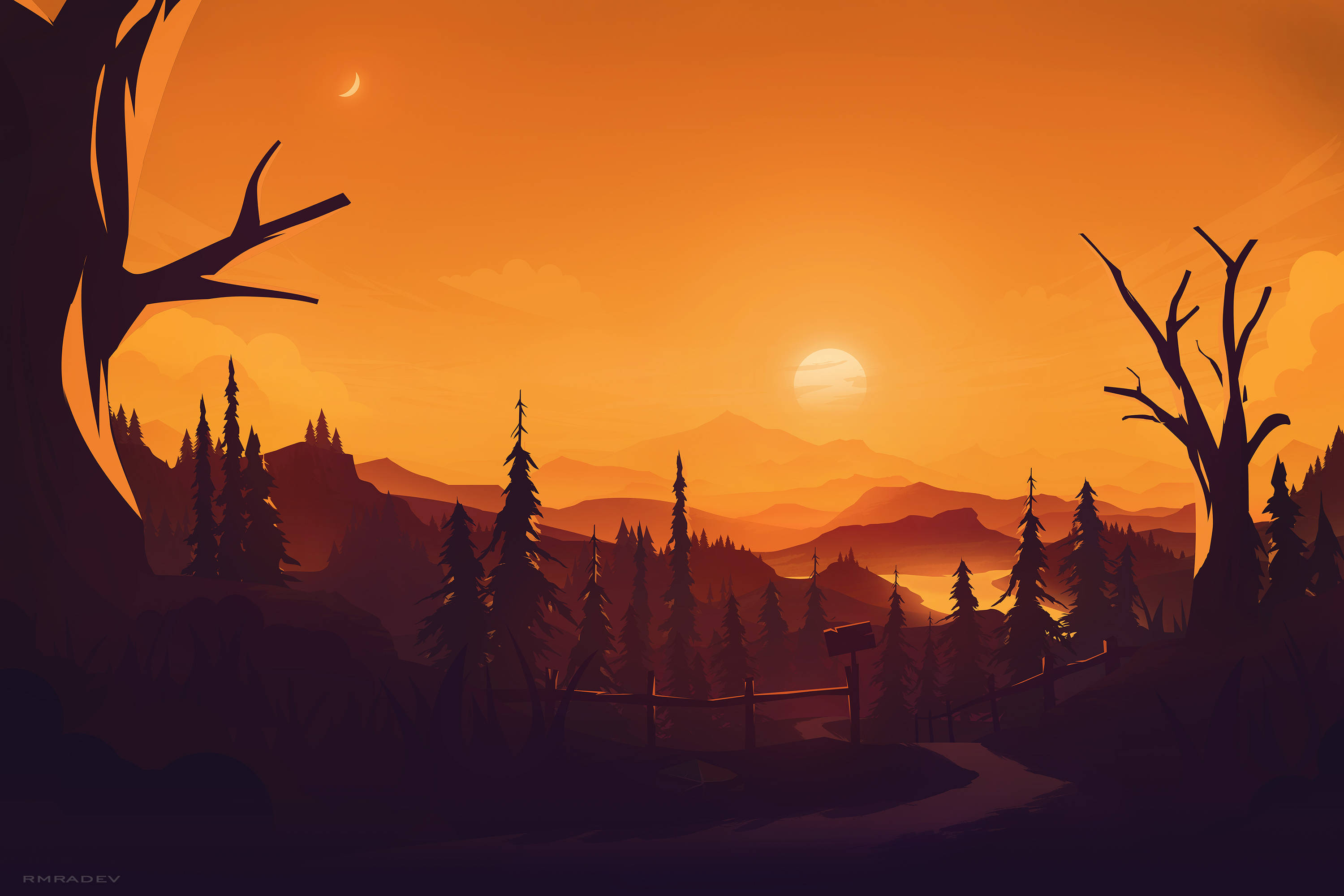 Tumblr Sunset Desktop 桌布 壁紙 — 寧靜的日落映照在層層疊疊的山脈上，由光禿的樹木和蜿蜒的小路框起。