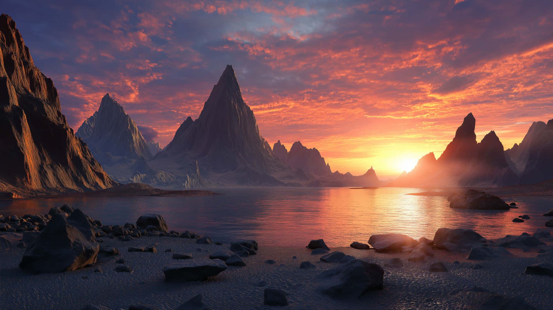 Dramatic Sunset over Jagged Peaks and Calm Waters 壁紙 — 寧靜的日落映照在平靜的湖面上，周圍是鋸齒狀的山峰，反射出火紅的橙色和紫色雲彩。