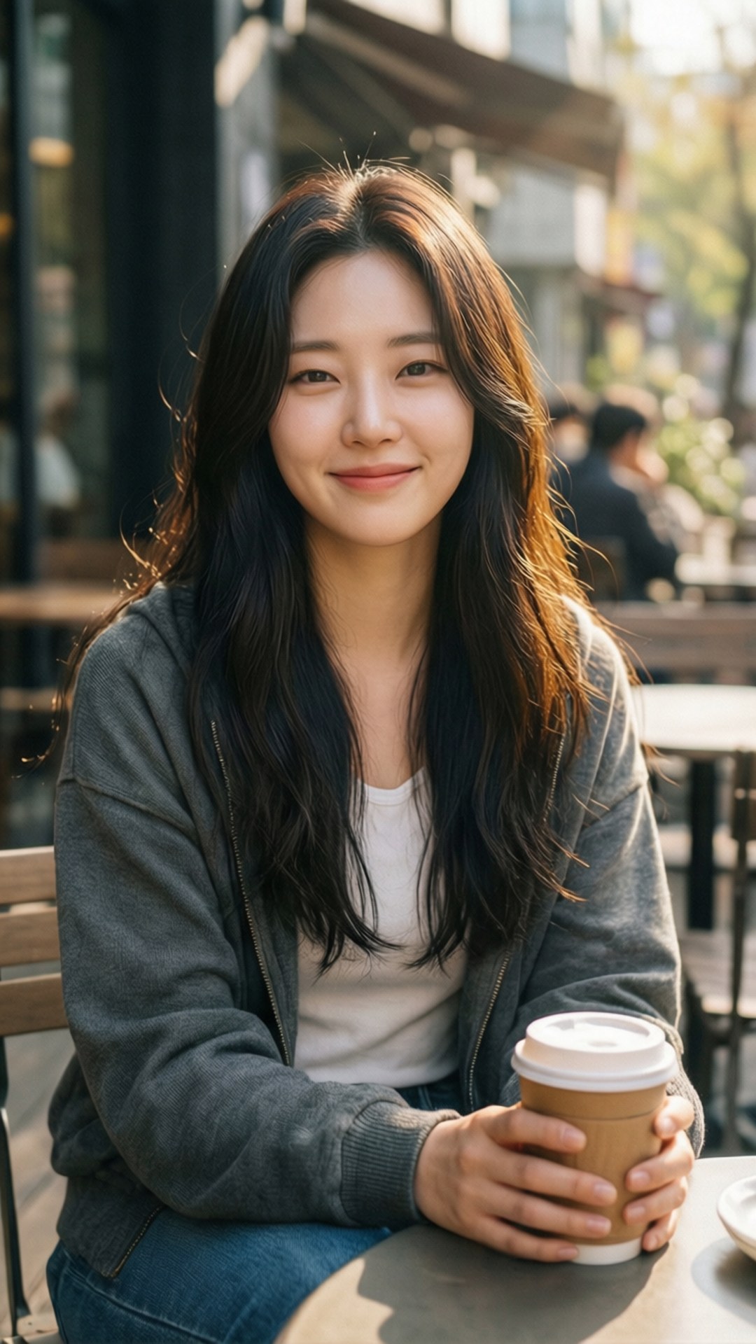 寧靜的早晨 壁紙 — 一位長黑髮的年輕女性在戶外咖啡桌旁手持咖啡杯，溫暖地微笑。