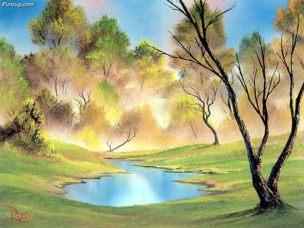 藝術 桌布 壁紙 — 寧靜的春天景色，蜿蜒的河流倒映著藍天，周圍是鬱鬱蔥蔥的綠色山丘和長滿黃色嫩芽的樹木。