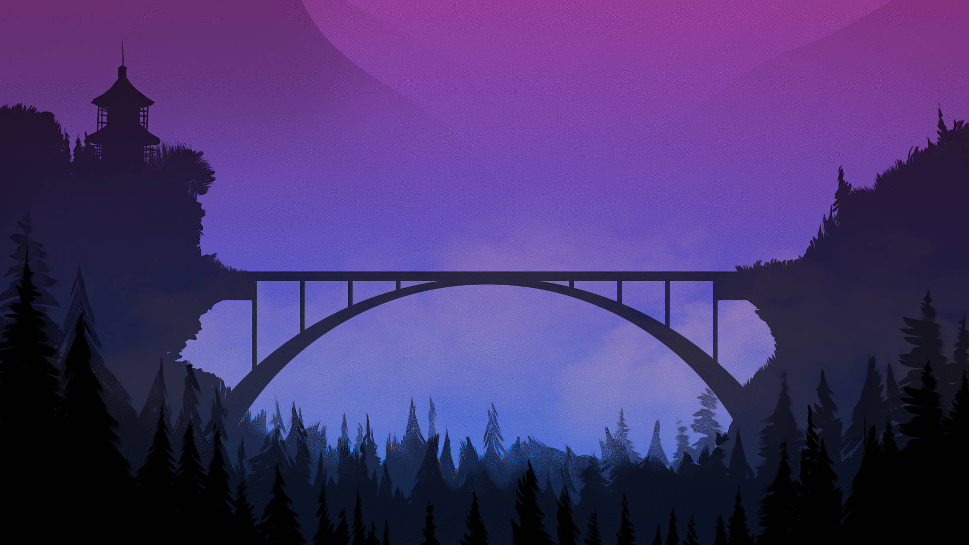 1920X1080 桌布 壁紙 — 寧靜的暮色場景，一座優雅的拱橋橫跨森林覆蓋的山谷，天空呈現紫色漸變。
