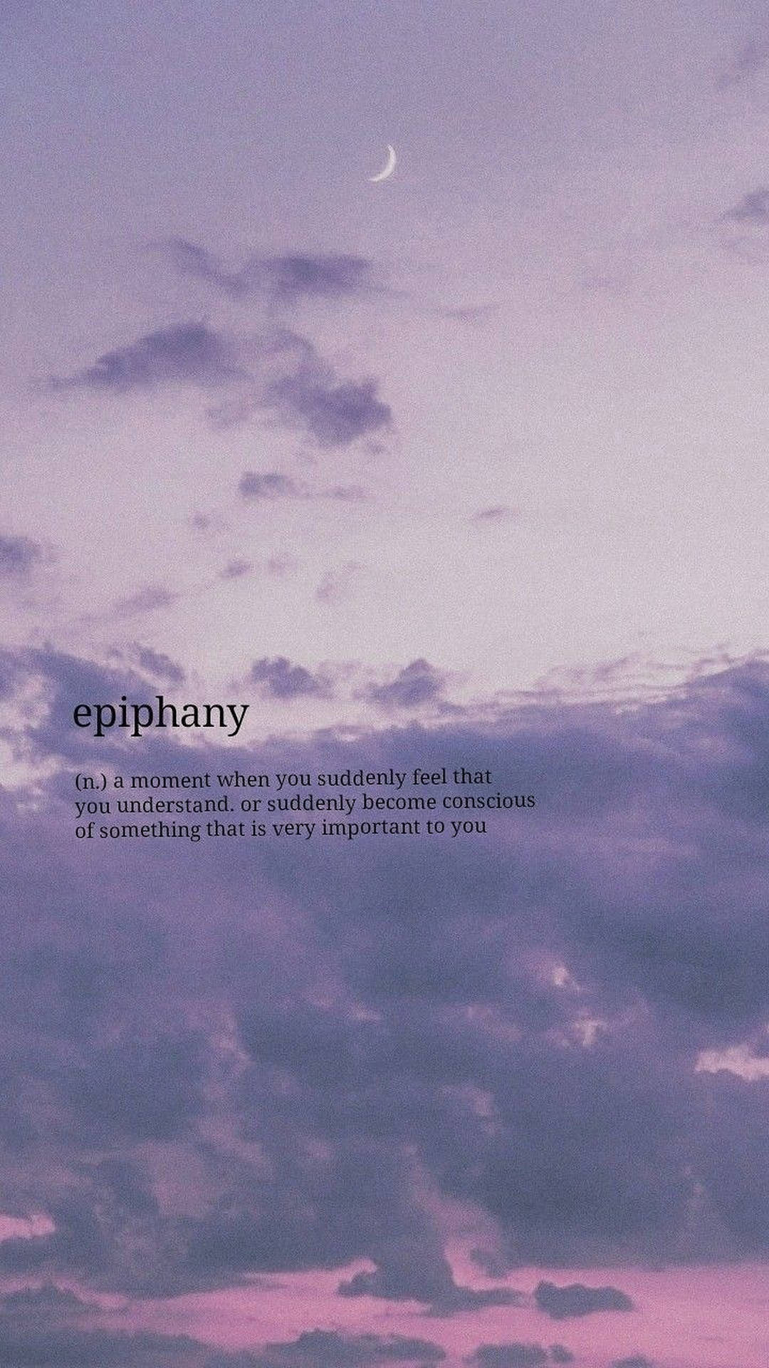 紫色暮色天空，帶有彎月和 epiphany 定義文字。 — 美學字眼 壁紙