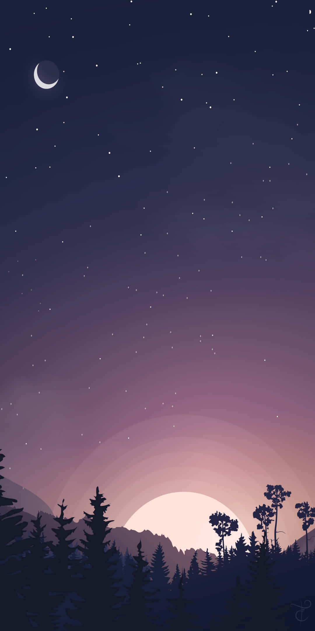 Pixel 3 Minimal 桌布 壁紙 — 寧靜的暮色天空，新月和星星在剪影的松樹和山脈之上。