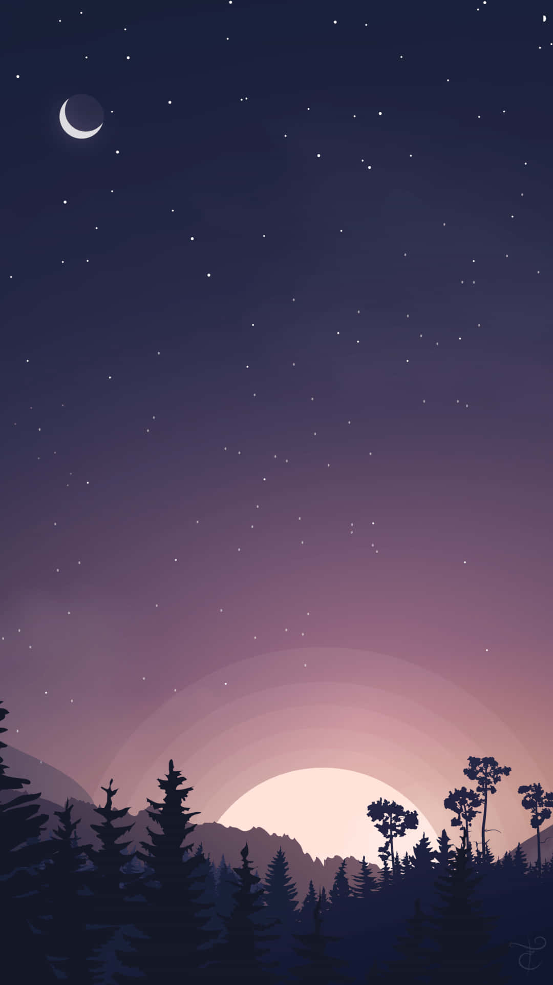 4K Minimalist Phone 桌布 壁紙 — 寧靜的暮色天空，新月和星星在松樹和山脈的剪影之上。