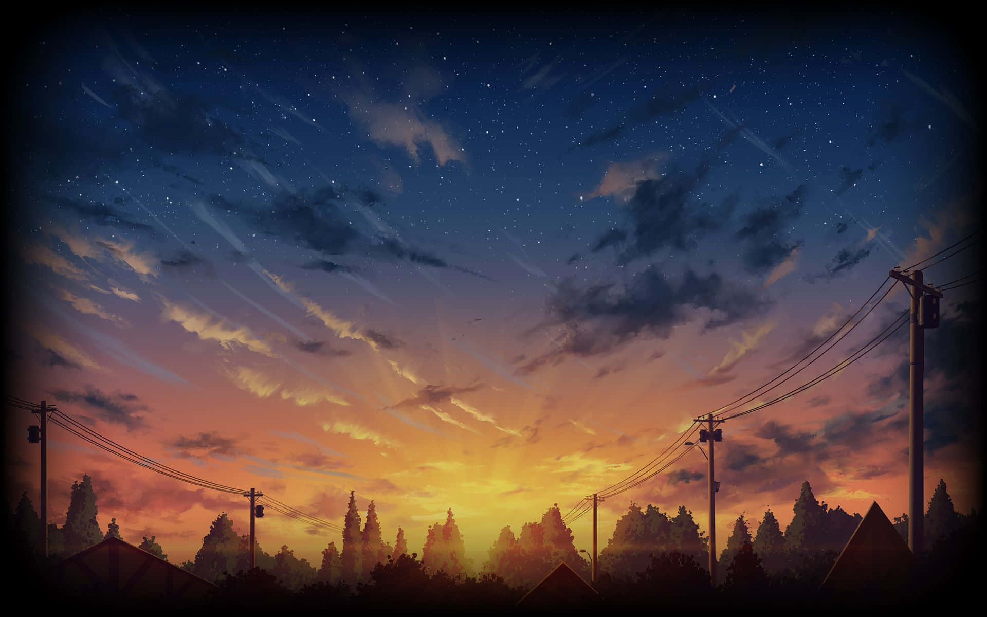 蒸氣龐克 桌布 壁紙 — 寧靜的暮色天空，星星和條紋狀雲彩映襯著樹木和電線的剪影。