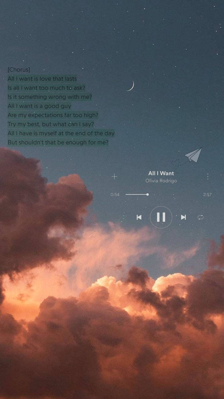 音樂美學 桌布 壁紙 — 寧靜的暮色天空，有橙色雲朵和彎月，疊加音樂播放器介面和歌詞。