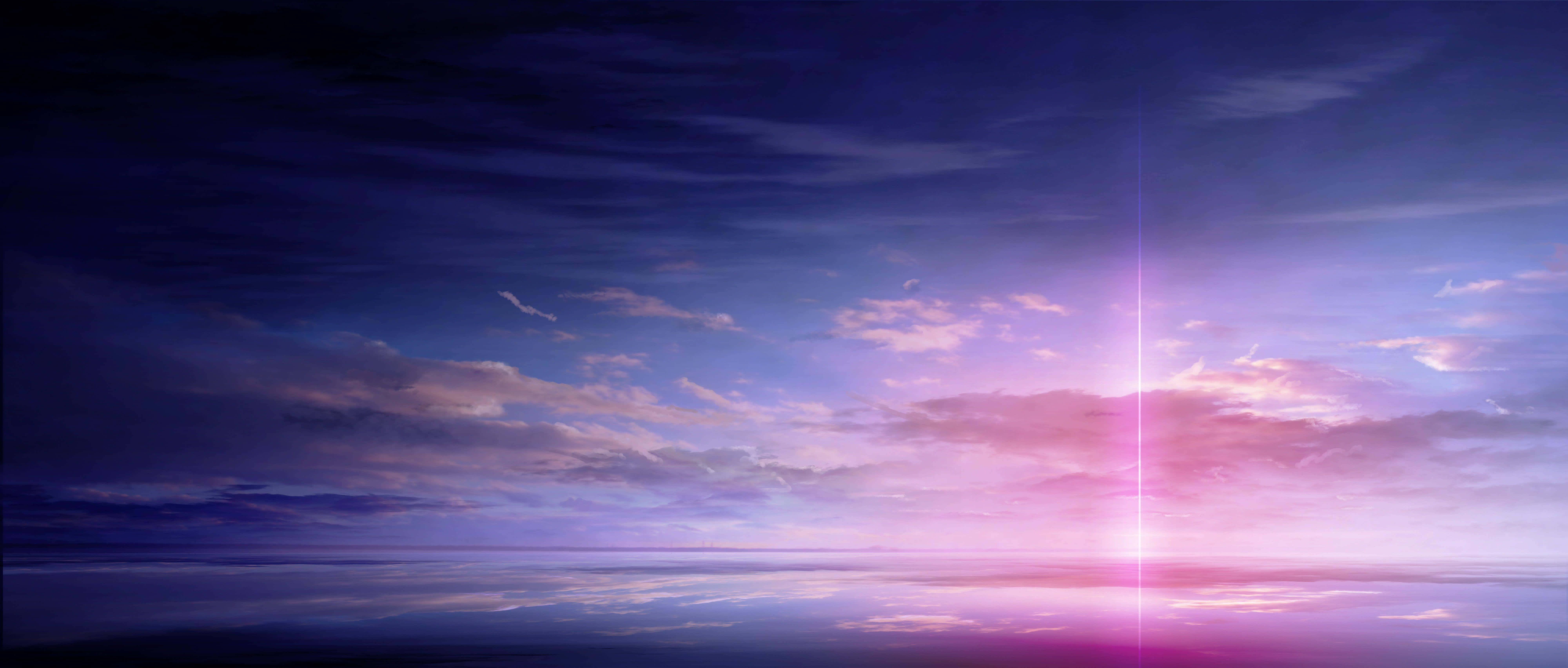 Anime Sky 桌布 壁紙 — 寧靜的暮色天空，深紫色和粉紅色在平靜的地平線上反射，一道燦爛的垂直光束穿過散落的雲層。