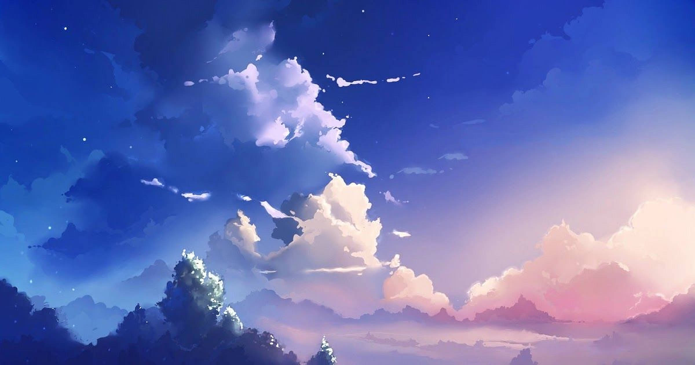 夕陽天空 桌布 壁紙 — 寧靜的暮色天空，繪有柔和的粉紅色和深藍色雲彩，籠罩在剪影樹木之上，星空廣闊。