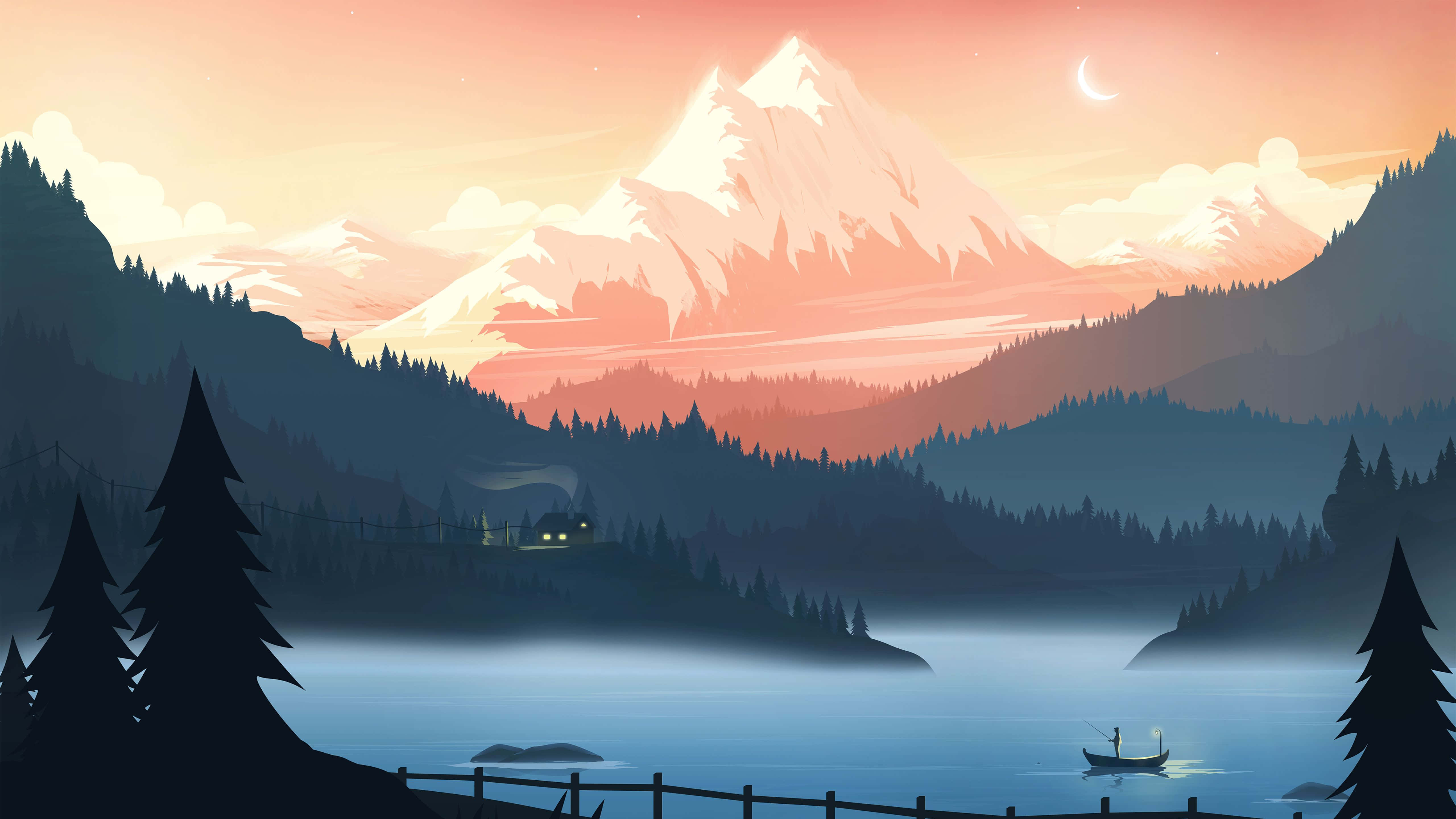 Mountain Scenery 桌布 壁紙 — 寧靜的暮色山湖景色，一艘船上有一位孤獨的漁夫，松樹間有一座發光的小屋。