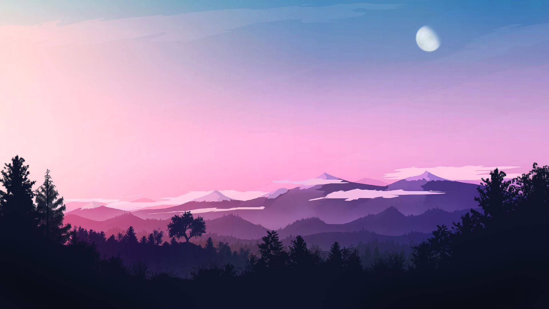 風景 桌布 壁紙 — 寧靜的暮色山脈沐浴在粉紅色和紫色的色調中，一彎新月在剪影樹木上方閃耀。