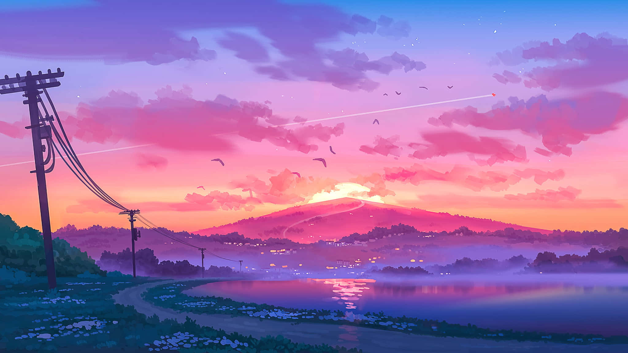 Mountain Landscape 桌布 壁紙 — 寧靜的暮色景觀，山脈閃爍粉紅和紫色，鳥兒飛翔，平靜的湖泊倒映著天空。