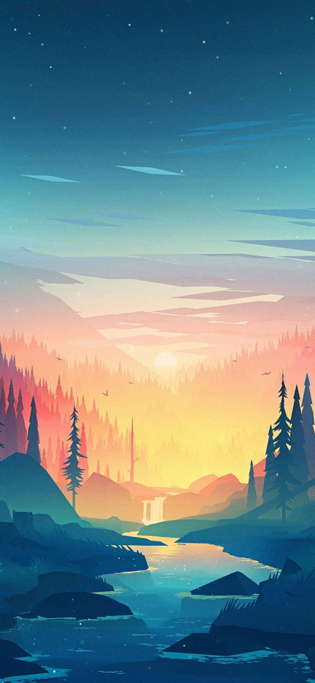 酷炫iPhone 桌布 壁紙 — 寧靜的暮色景觀，發光的河流蜿蜒穿過松林，星空下。
