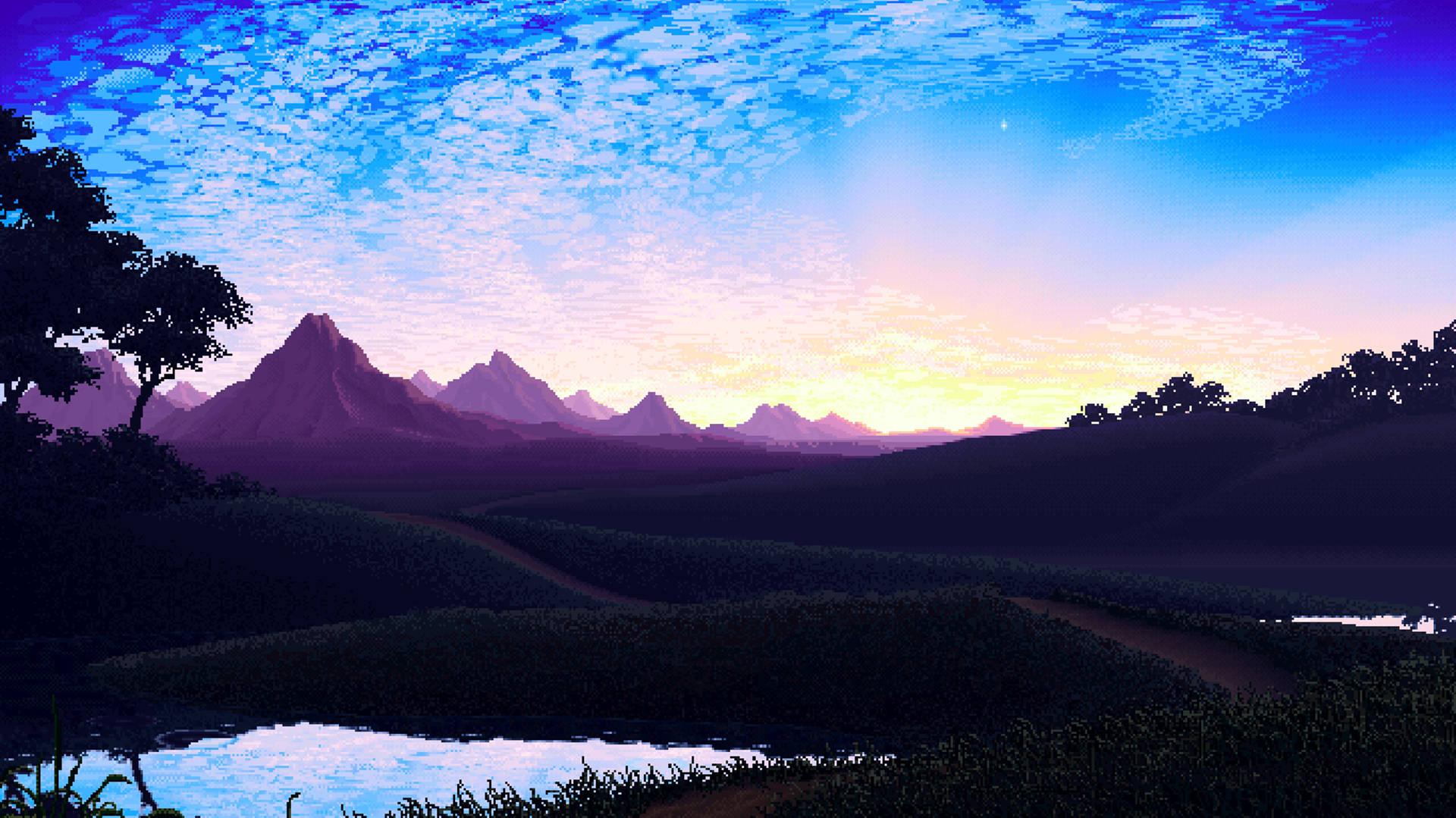 Pixel Nature 桌布 壁紙 — 寧靜的暮色景觀，紫色山脈在平靜河流中倒映著充滿活力的藍色和橙色天空的剪影。