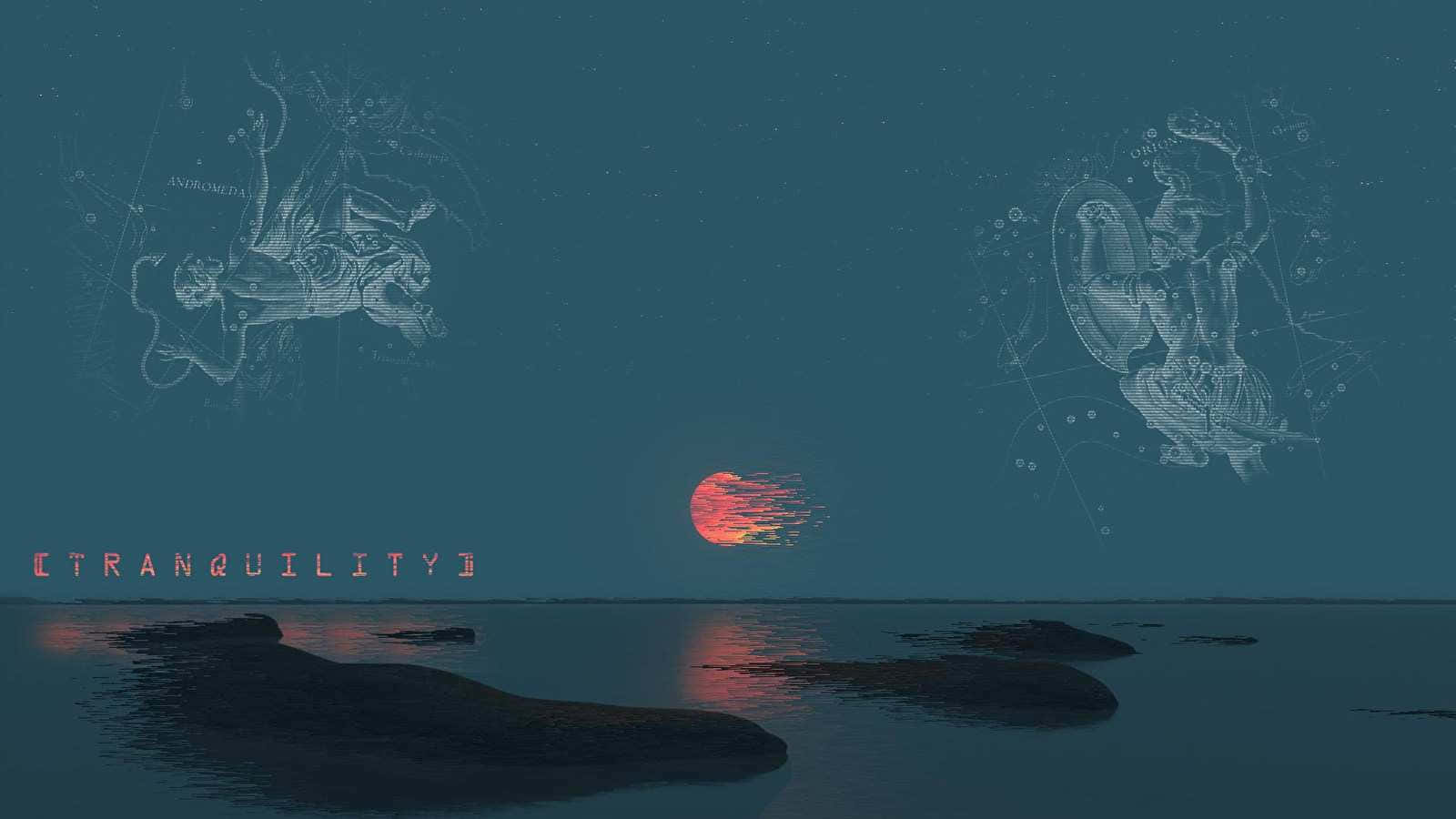 Aesthetic Korean 桌布 壁紙 — 寧靜的暮色海景，發光的紅色太陽和空靈的星座圖案漂浮在黑暗的水面上。