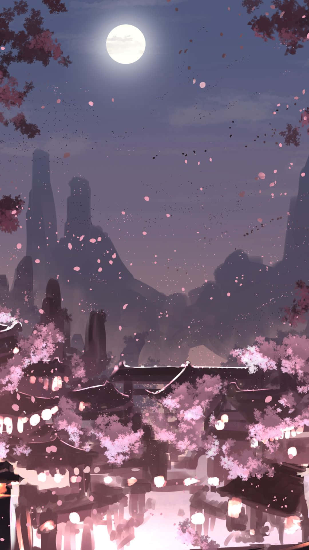 Pink Aesthetic Anime Phone 桌布 壁紙 — 寧靜的月光場景，櫻花飄落在傳統屋頂上，背景是霧氣繚繞的山巒。
