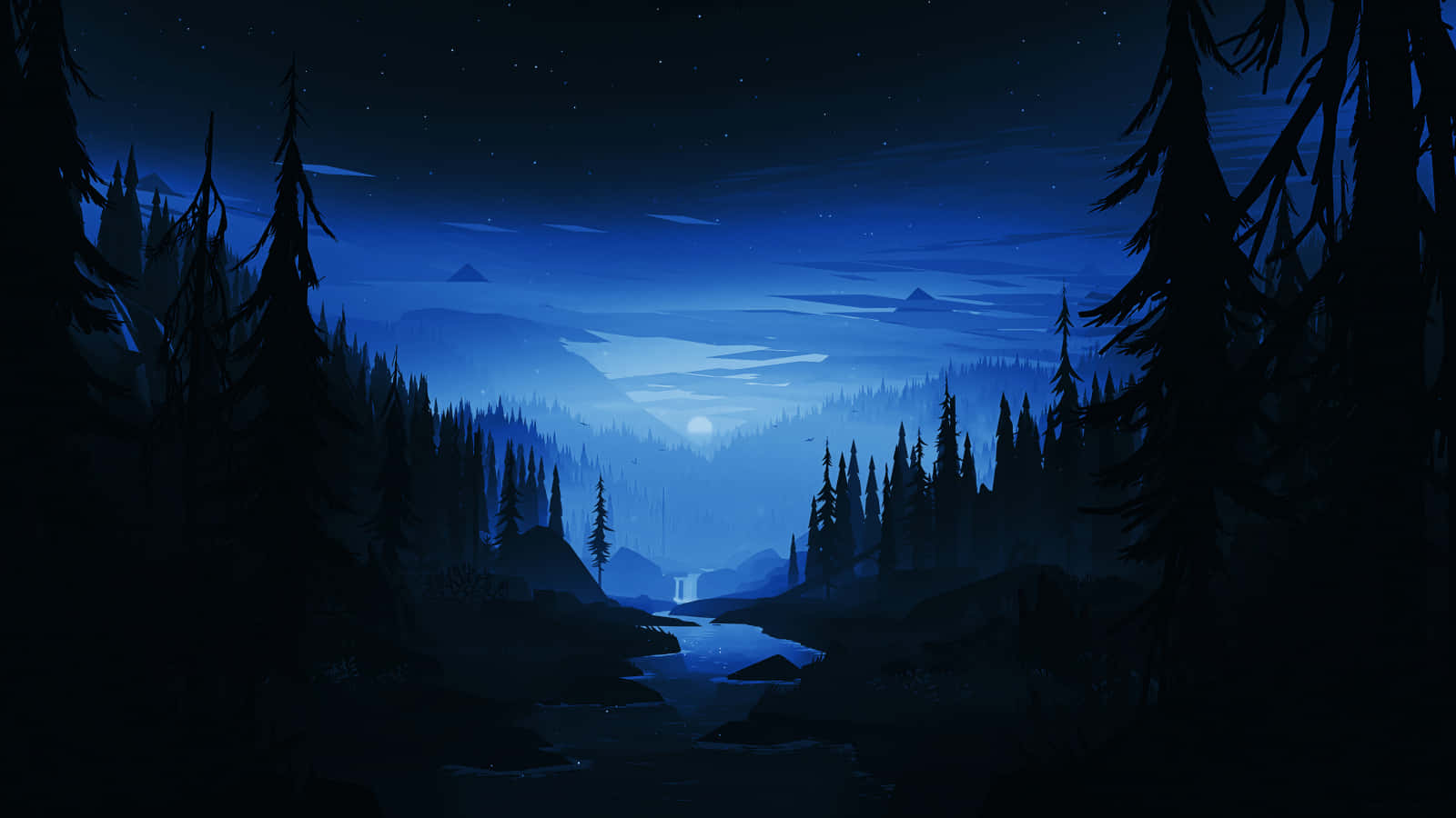 攝影 桌布 壁紙 — 寧靜的月光森林場景，蜿蜒的河流映照著星空和遠山，在深藍色的夜空下。