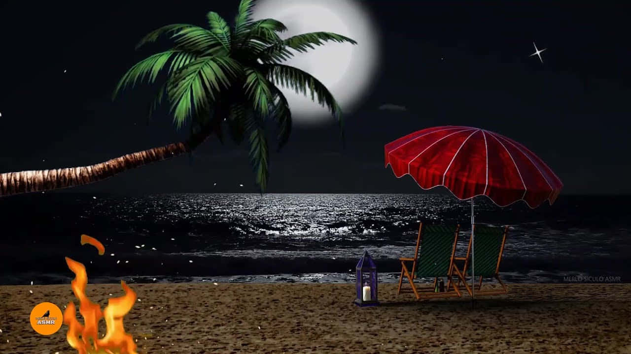 海灘 桌布 壁紙 — 寧靜的月光海灘場景，有棕櫚樹、紅色遮陽傘和躺椅，旁邊有營火，星空下。