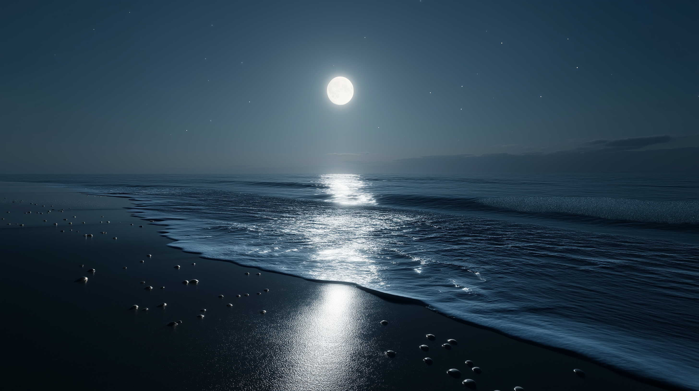 full moon 桌布 壁紙 — 寧靜的月光海灘夜晚，溫柔的海浪反射明亮的滿月和散落的星星。