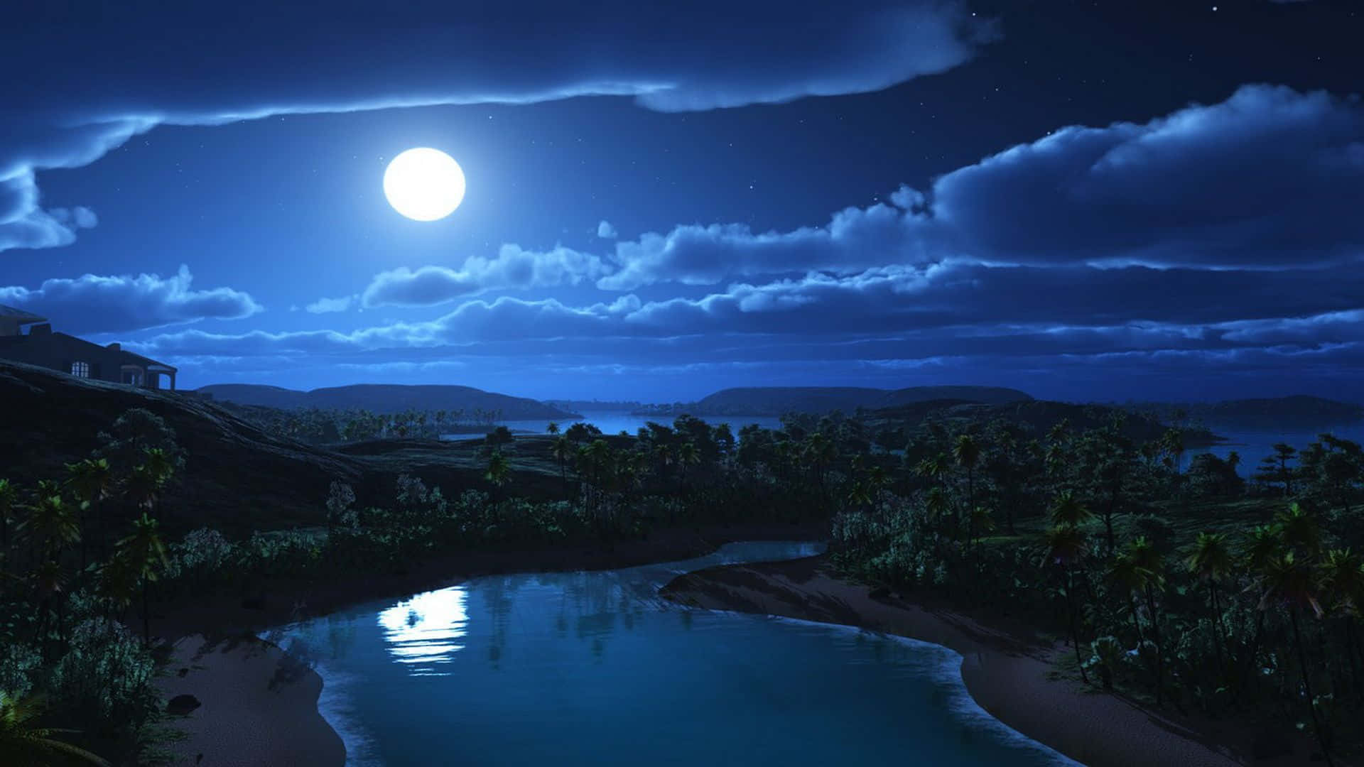 full moon 桌布 壁紙 — 寧靜的月光熱帶海灣在星空下透過烏雲反射明亮的滿月。
