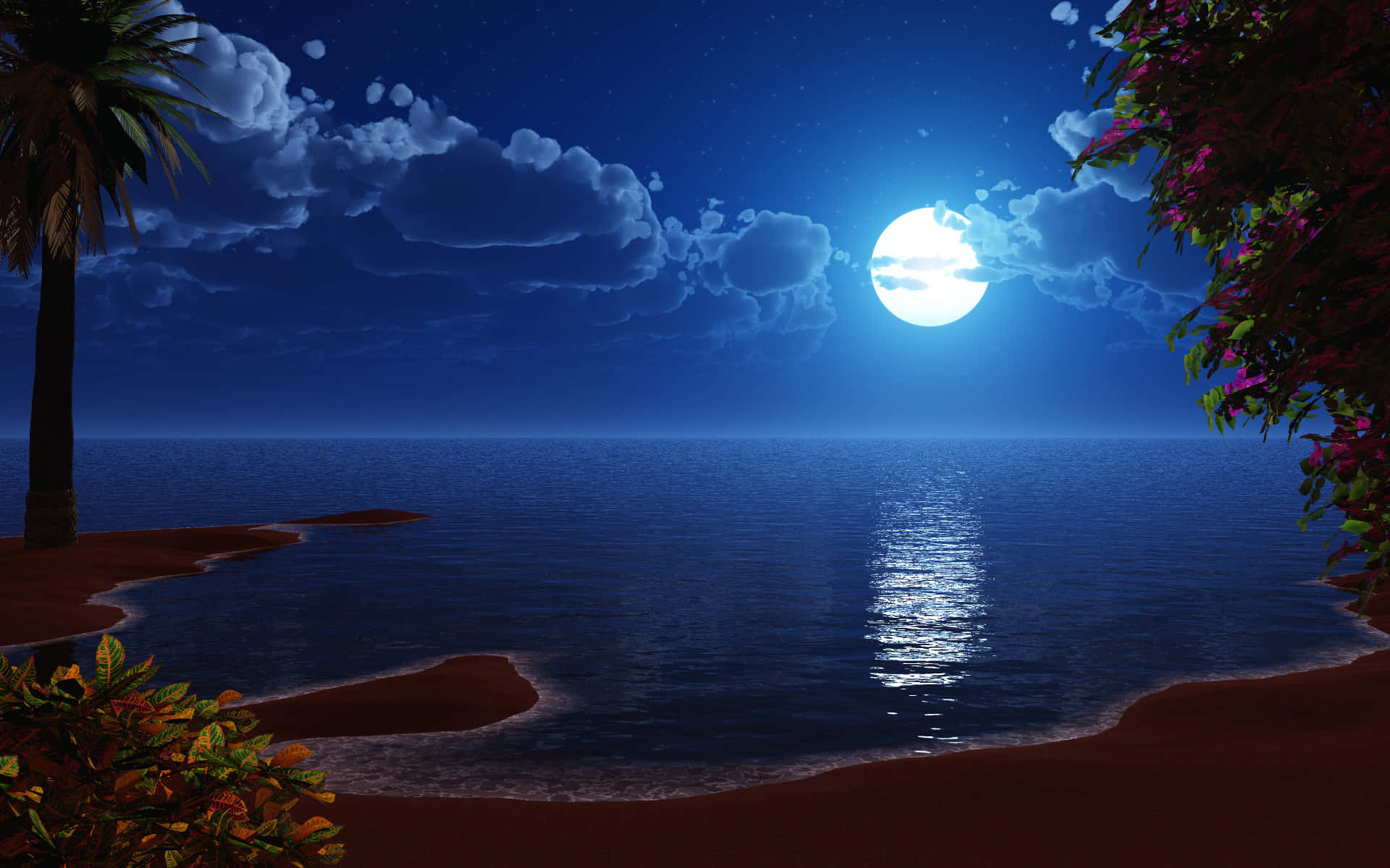 海灘 桌布 壁紙 — 寧靜的月夜海灘，滿月在平靜的海面上灑下銀光，棕櫚樹和開花的灌木叢環繞四周。