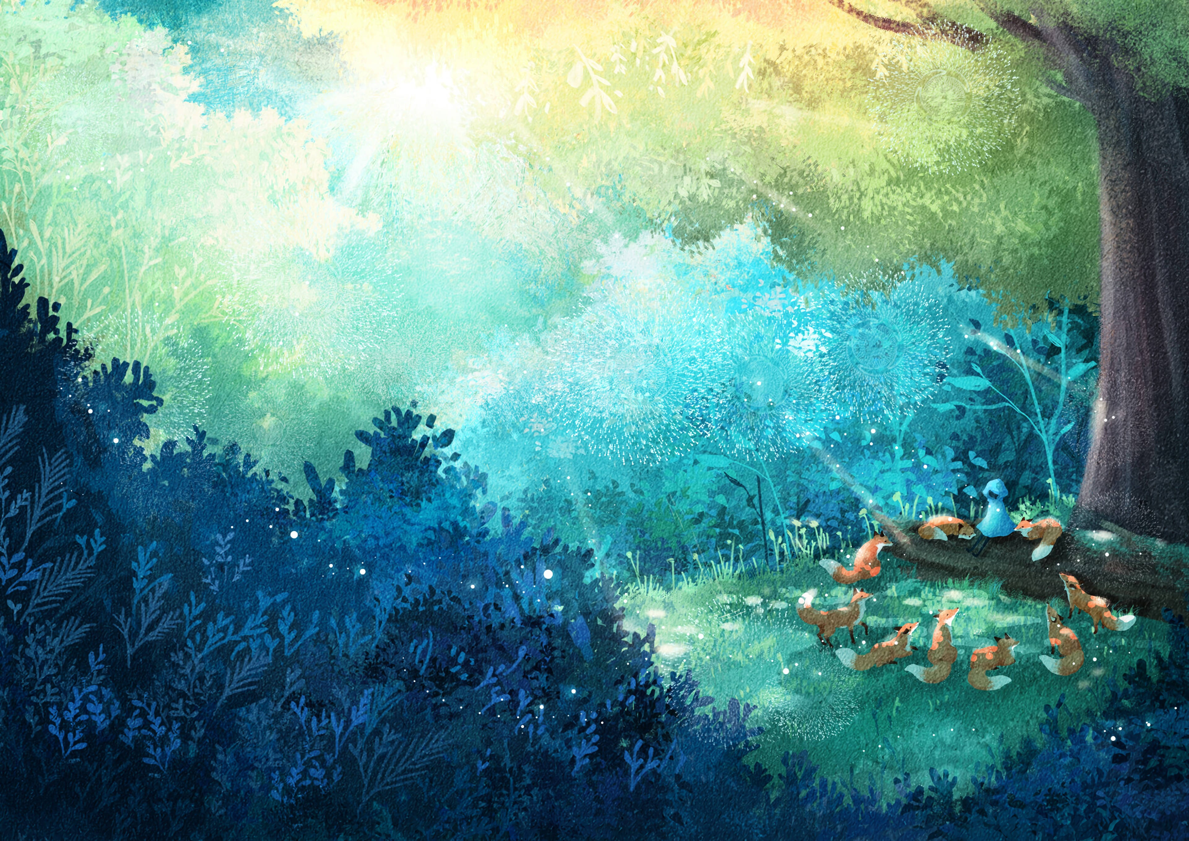 藝術 桌布 壁紙 — 寧靜的森林場景，狐狸聚集在樹周圍，陽光以柔和的藍色和綠色色調穿過樹冠。