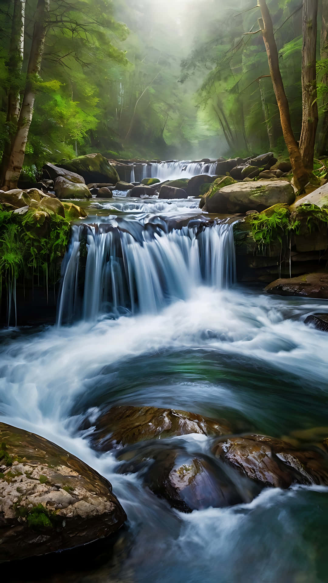 Nature’s Symphony – The Flow of Serenity. smartphone wallpaper 壁紙 — 寧靜的森林溪流流過長滿苔蘚的岩石，霧氣從水中升起，陽光斑駁。