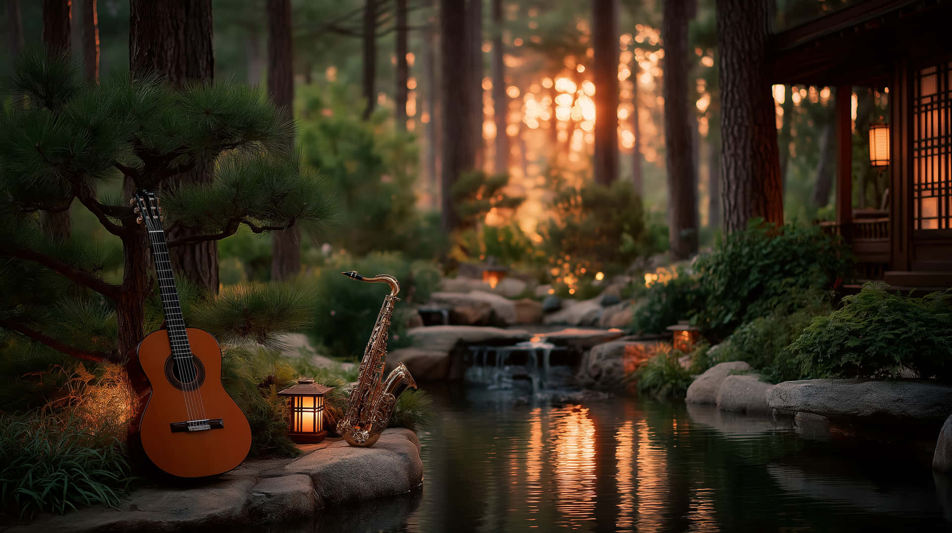 Musical Instruments by Pond in Tranquil Forest Setting 壁紙 — 寧靜的森林溪流閃爍著日落倒影，吉他和薩克斯風放在木屋附近的燈籠旁。