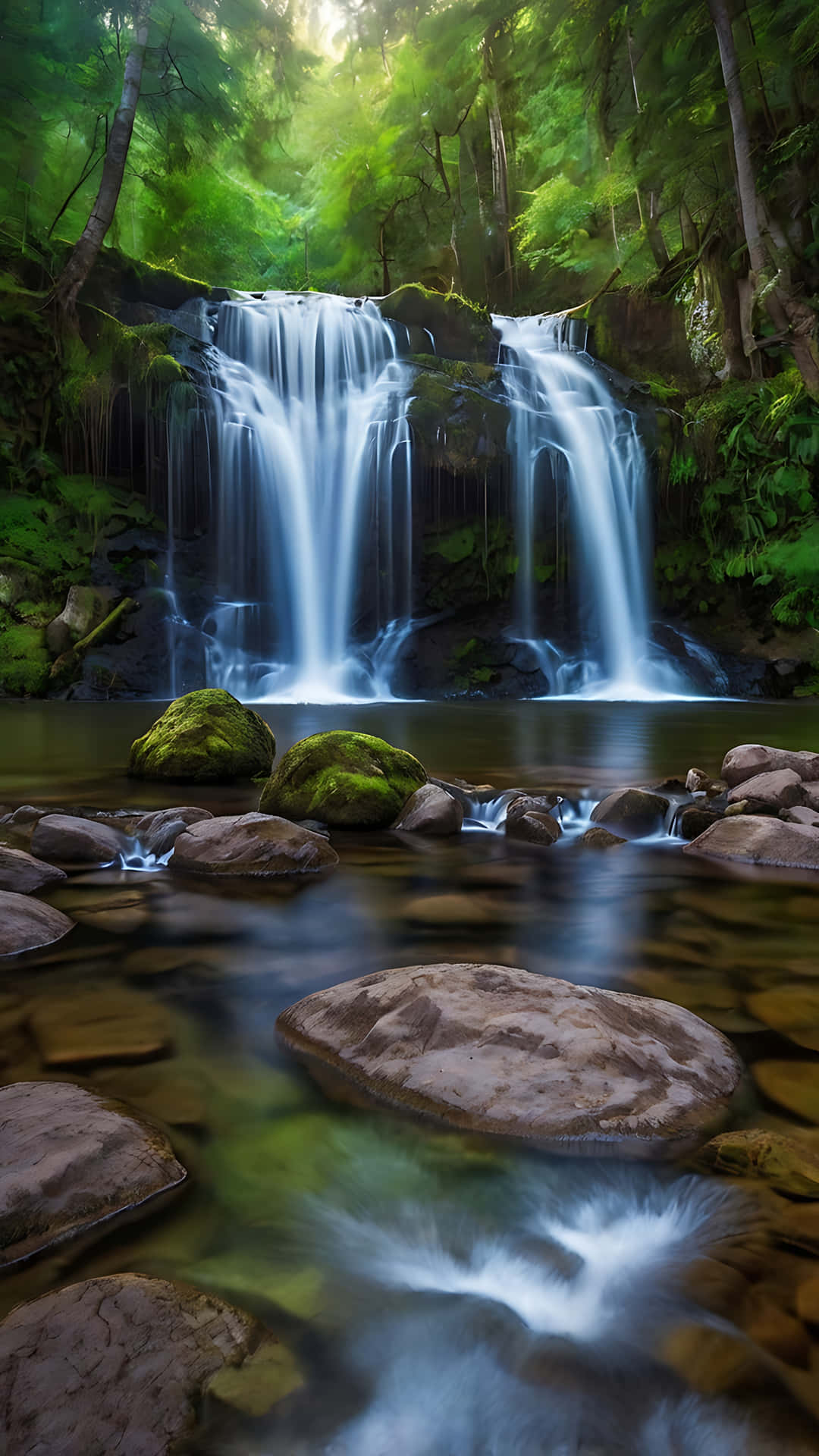 The Eternal Flow – A Waterfall’s Grace. smartphone wallpaper 壁紙 — 寧靜的森林瀑布從長滿苔蘚的岩石上傾瀉而下，流入一個被茂密綠樹環繞的平靜水池。