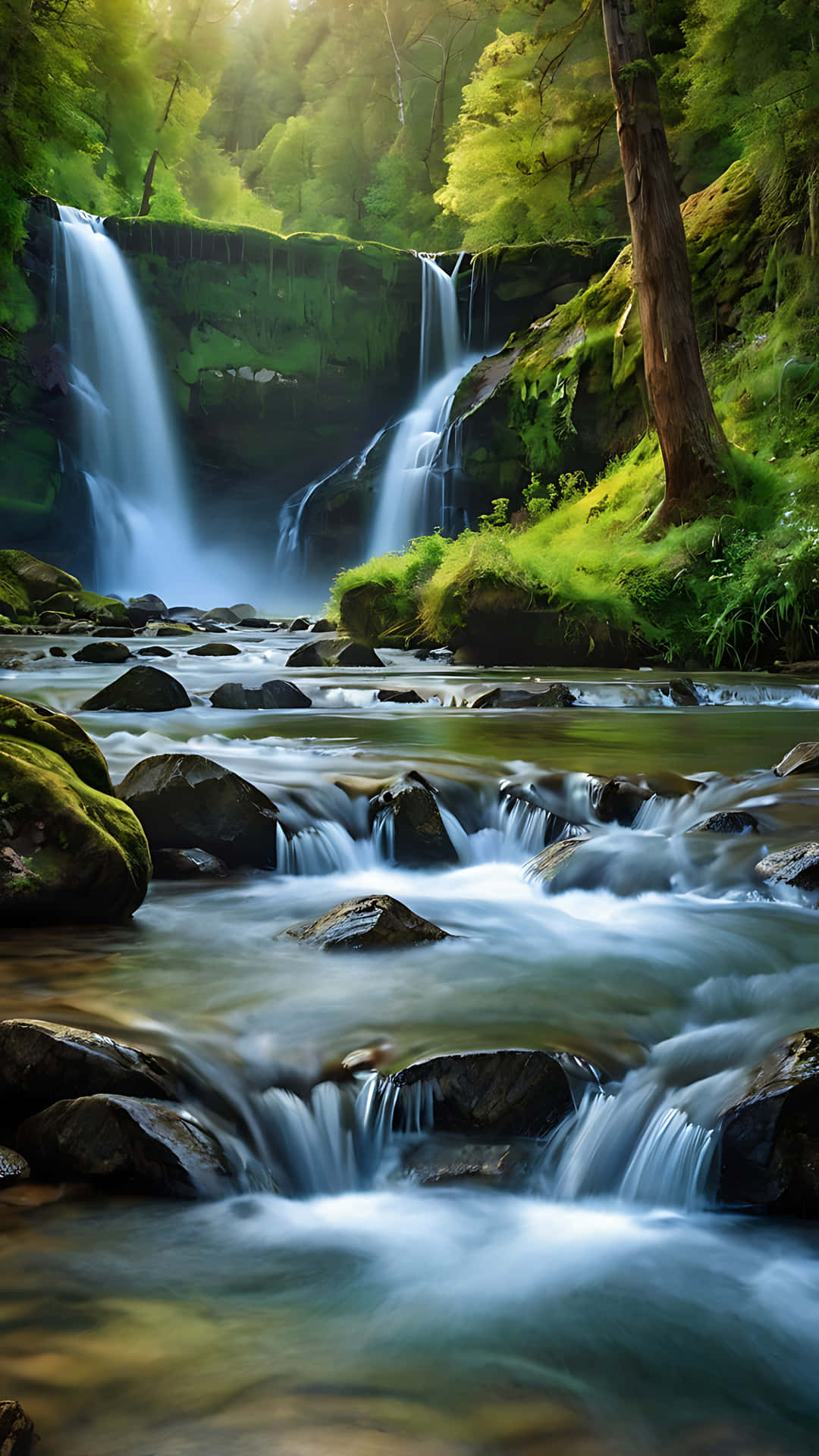 Picturesque Waterfall and River Symphony. smartphone wallpaper 壁紙 — 寧靜的森林瀑布從長滿苔蘚的岩石上傾瀉而下，流入斑駁陽光下的湍急溪流。