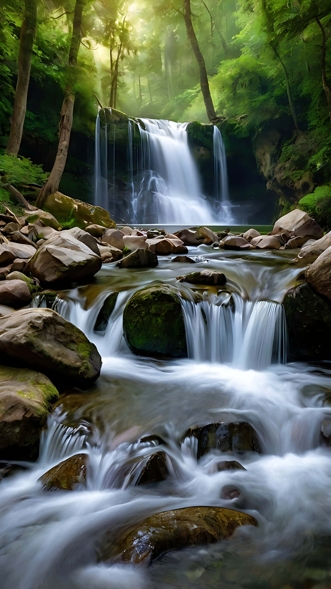 Nature’s Symphony – The Flow of Serenity. smartphone wallpaper 壁紙 — 寧靜的森林瀑布從長滿苔蘚的岩石上傾瀉而下，流入陽光斑駁的湍急溪流。