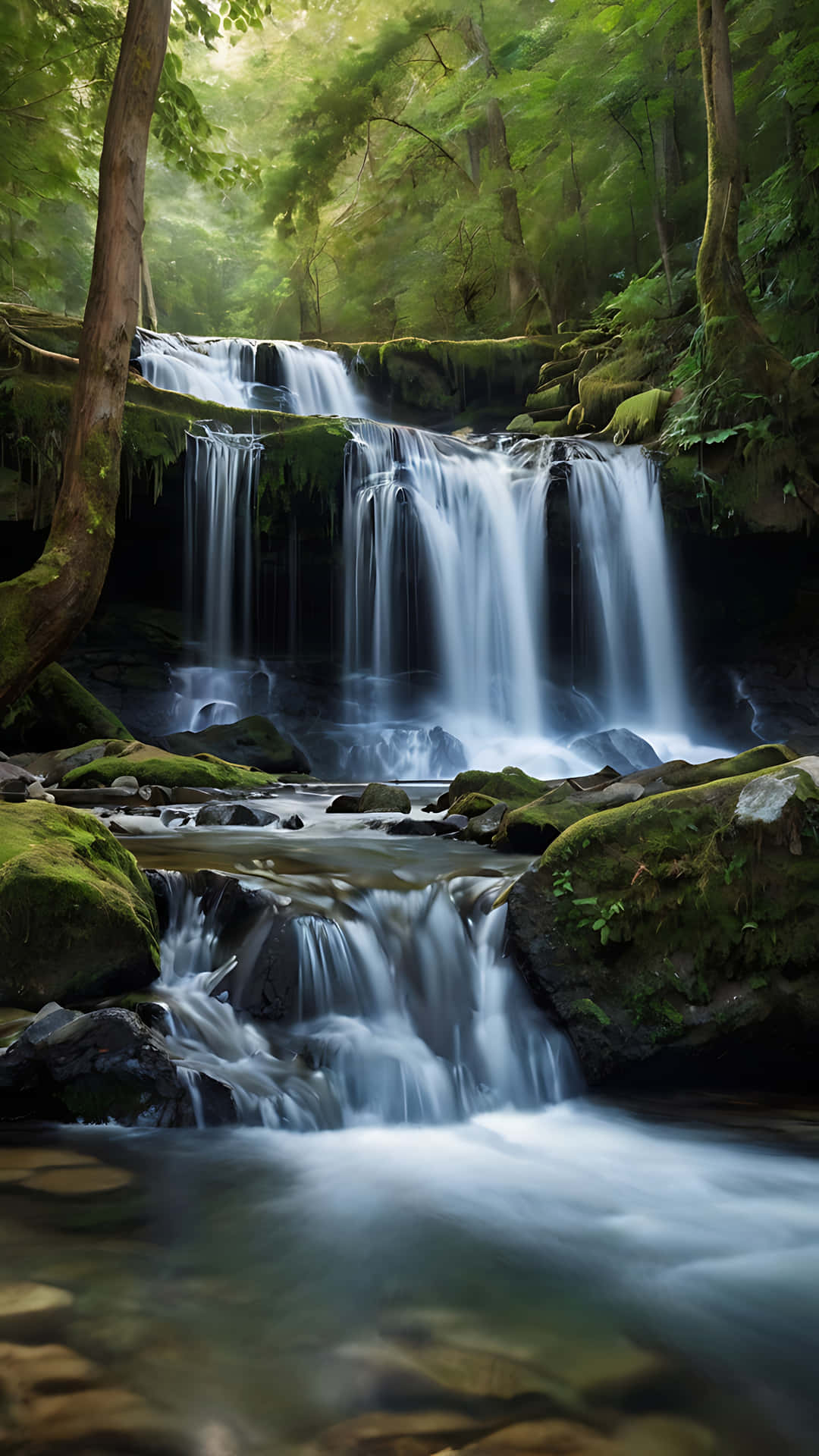 The Eternal Flow – A Waterfall’s Grace. smartphone wallpaper 壁紙 — 寧靜的森林瀑布從長滿苔蘚的岩石上傾瀉而下，流入被茂密綠樹環繞的平靜溪流。