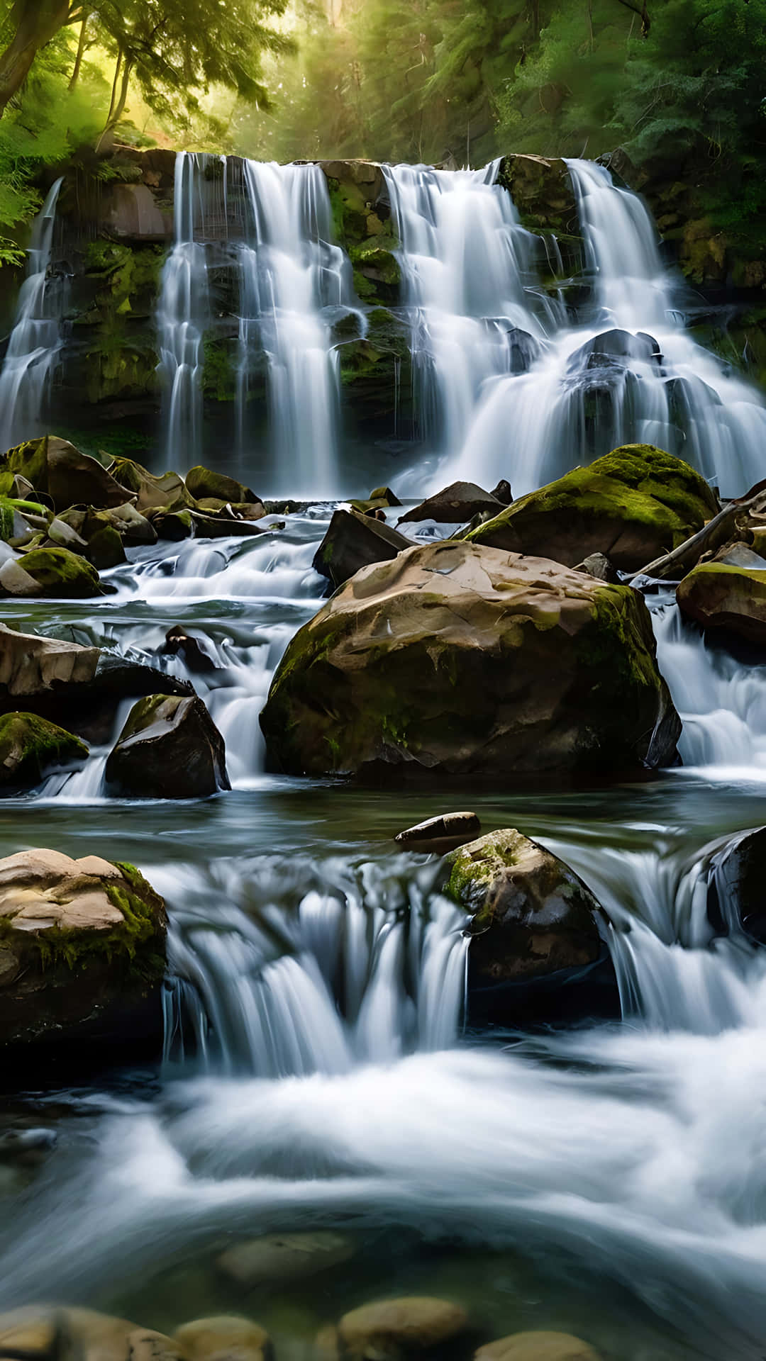 Nature’s Symphony – The Flow of Serenity. smartphone wallpaper 壁紙 — 寧靜的森林瀑布從長滿苔蘚的岩石上傾瀉而下，流入下方湍急的溪流。