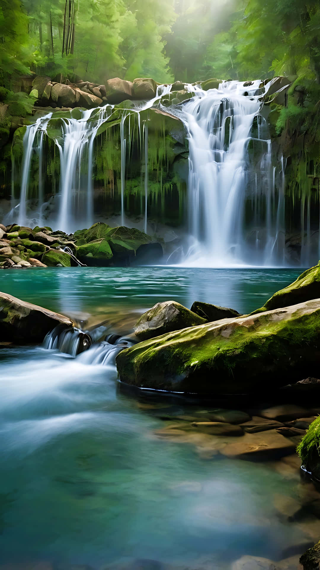 Blissful Waterfall and Lake in Harmony. smartphone wallpaper 壁紙 — 寧靜的森林瀑布流過長滿苔蘚的岩石，落入下方的碧綠水池，柔和光線穿過樹冠灑落。