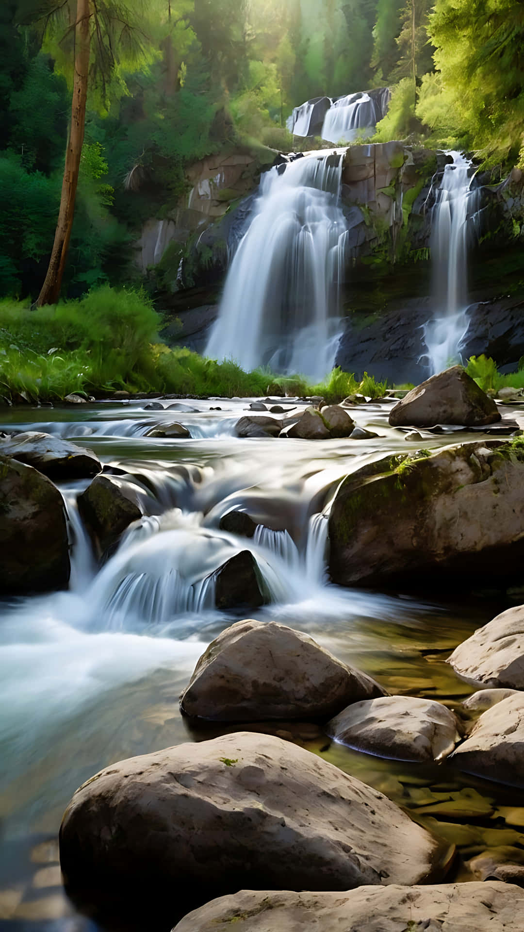 Flowing Serenity – Waterfall and River Beauty. smartphone wallpaper 壁紙 — 寧靜的森林瀑布流過長滿苔蘚的岩石，落入被茂密綠樹環繞的清澈溪流中。