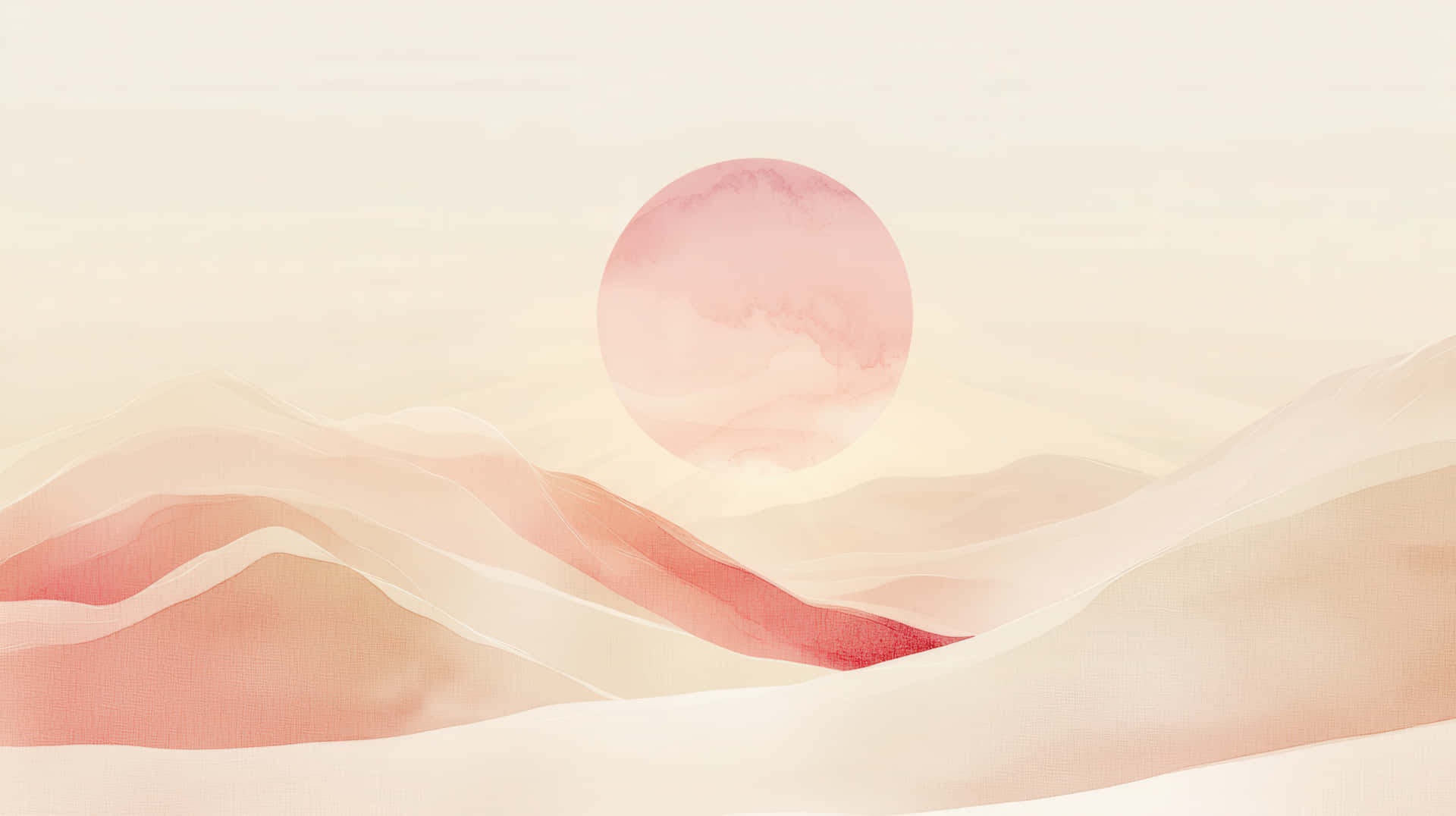 Minimalist Abstract Pink Desert Landscape with a Large Sun in a Soft Dreamy Atmosphere 壁紙 — 寧靜的水彩風景，柔和的粉紅色和米色起伏的山丘，在蒼白的天空下有一個巨大的粉紅色太陽。