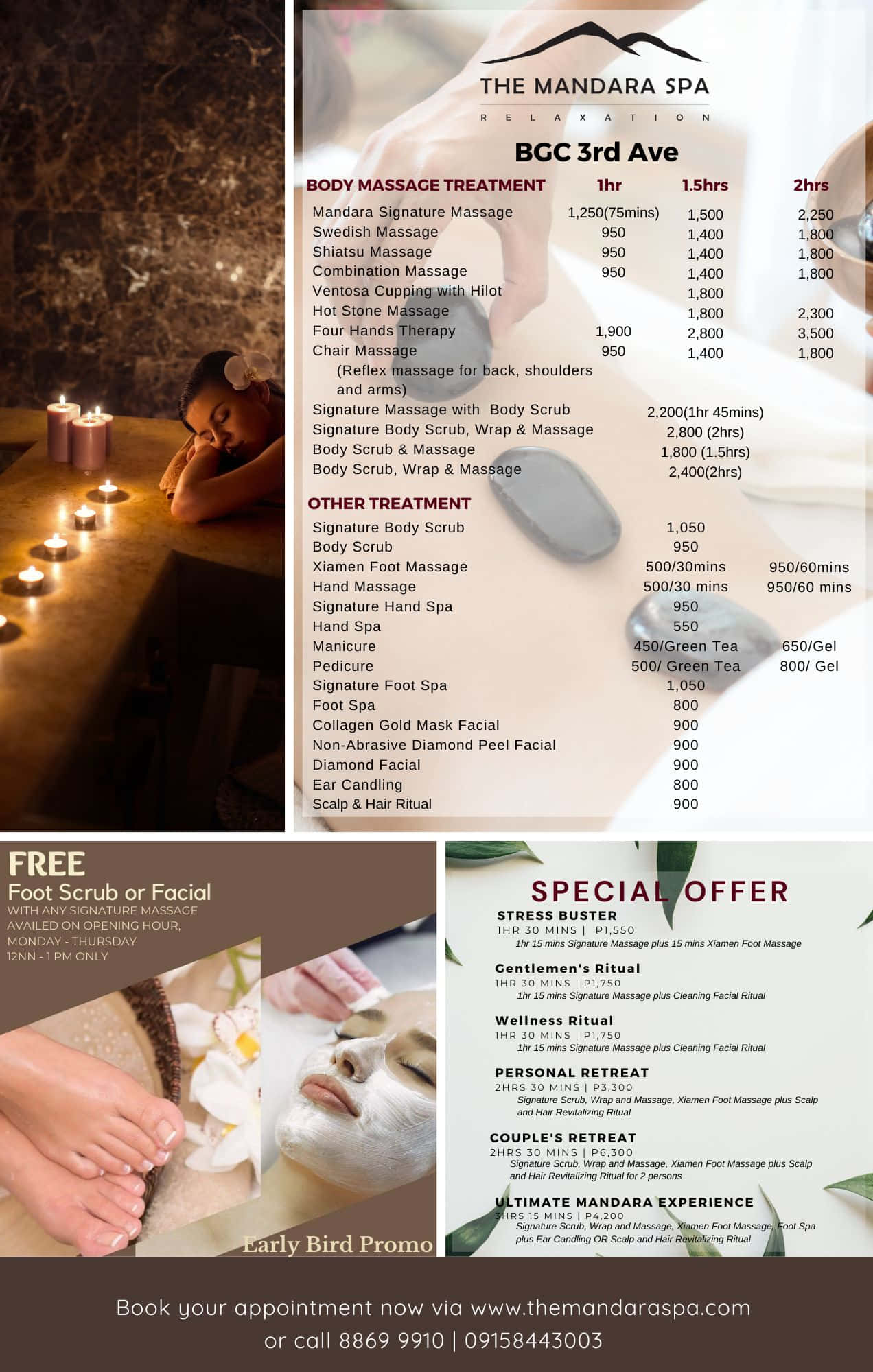 Massage 桌布 壁紙 — 寧靜的水療菜單，配有燭光按摩場景和詳細的放鬆服務治療價格。