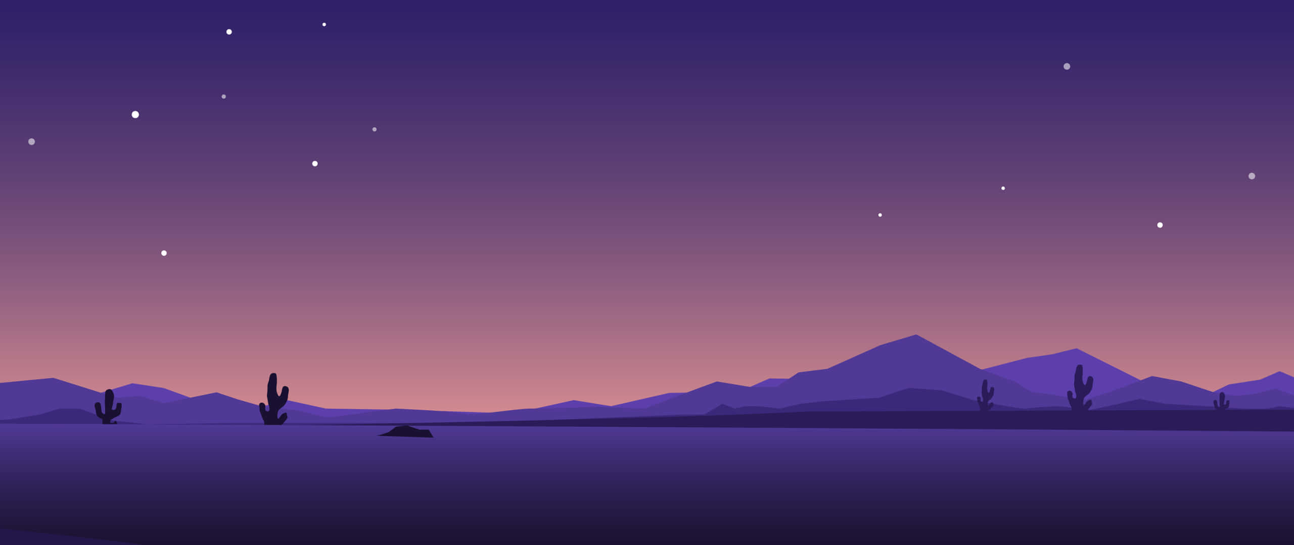 沙漠 桌布 壁紙 — 寧靜的沙漠之夜，仙人掌和山脈的剪影在紫色漸變的天空下，點綴著星星。