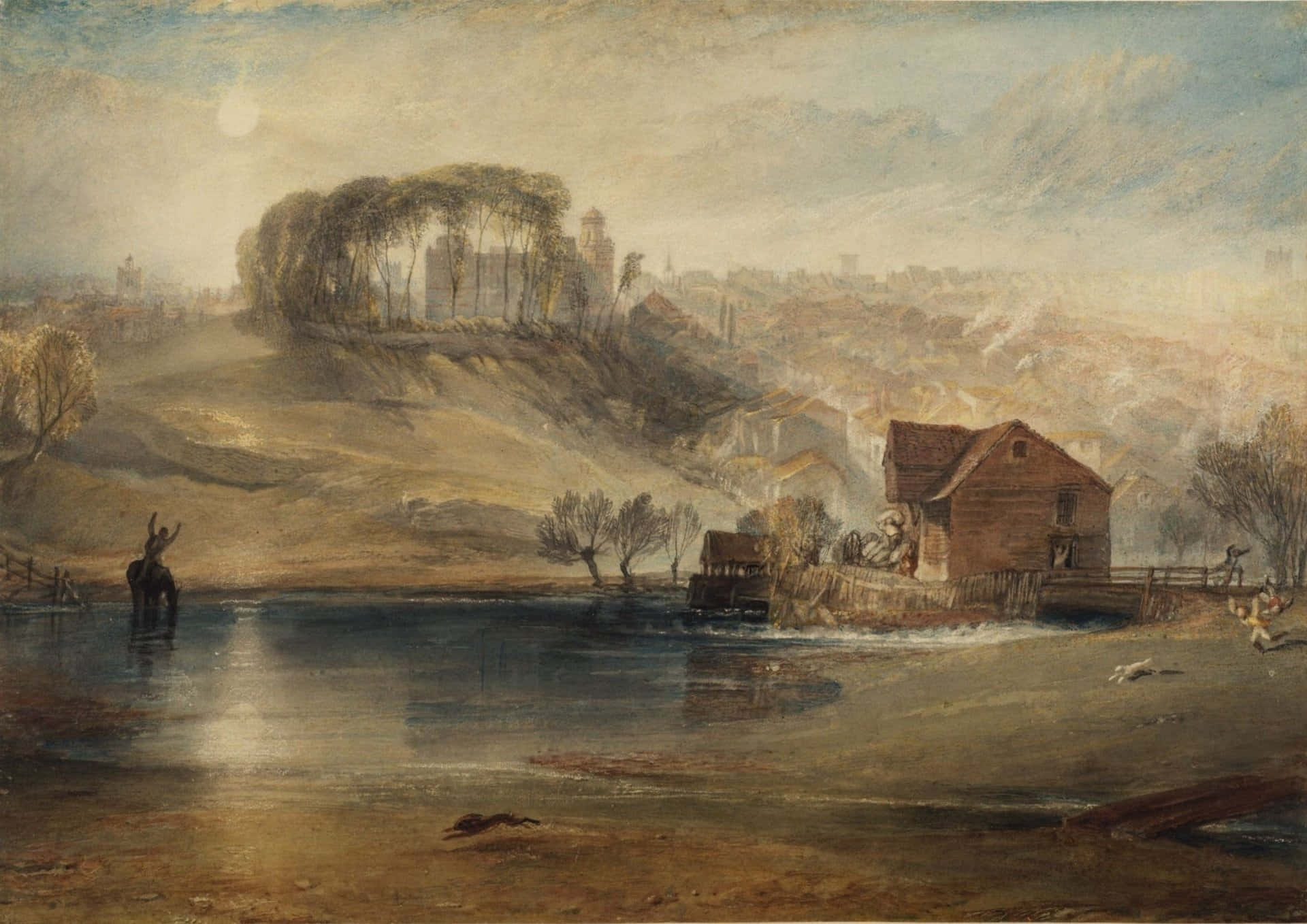 Oil Painting 桌布 壁紙 — 寧靜的河流場景，有一座木製水車、遠處山丘上的城堡，以及柔軟多雲天空下在水邊的人物。
