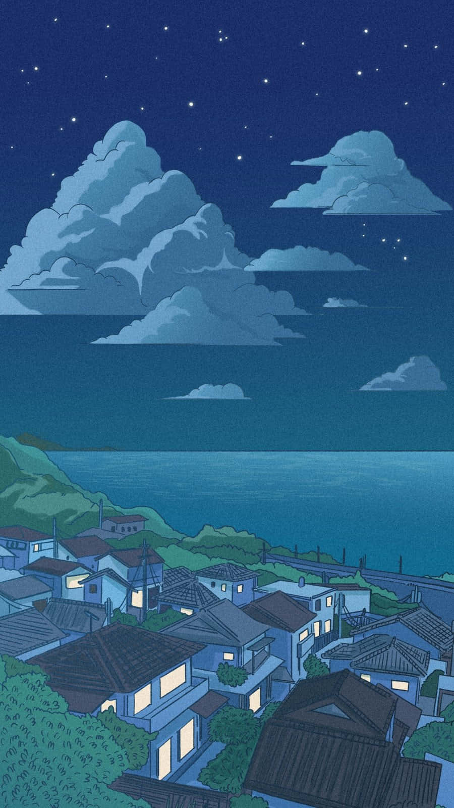 Anime Night 桌布 壁紙 — 寧靜的沿海村莊夜景，星空下窗戶閃爍著光芒，伴隨著柔和的雲朵。