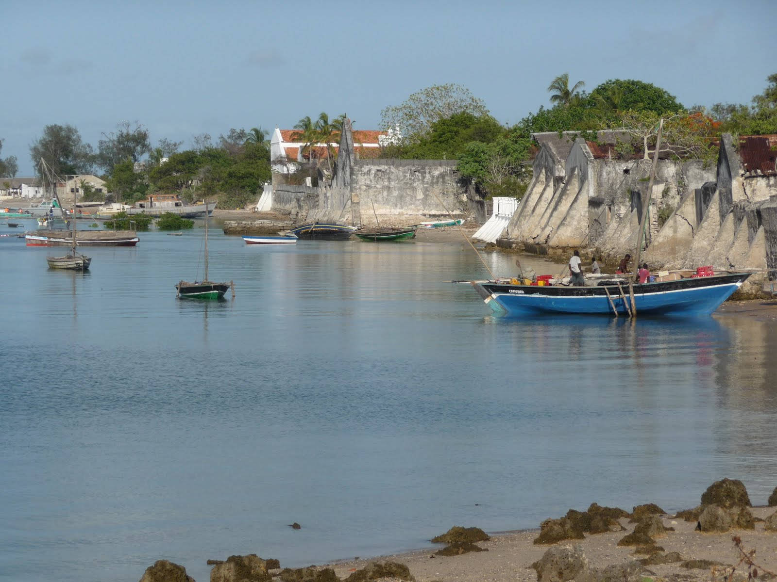 Mozambique 桌布 壁紙 — 寧靜的海岸港口，藍色漁船停泊在風化的石崖和棕櫚樹附近，天空晴朗。
