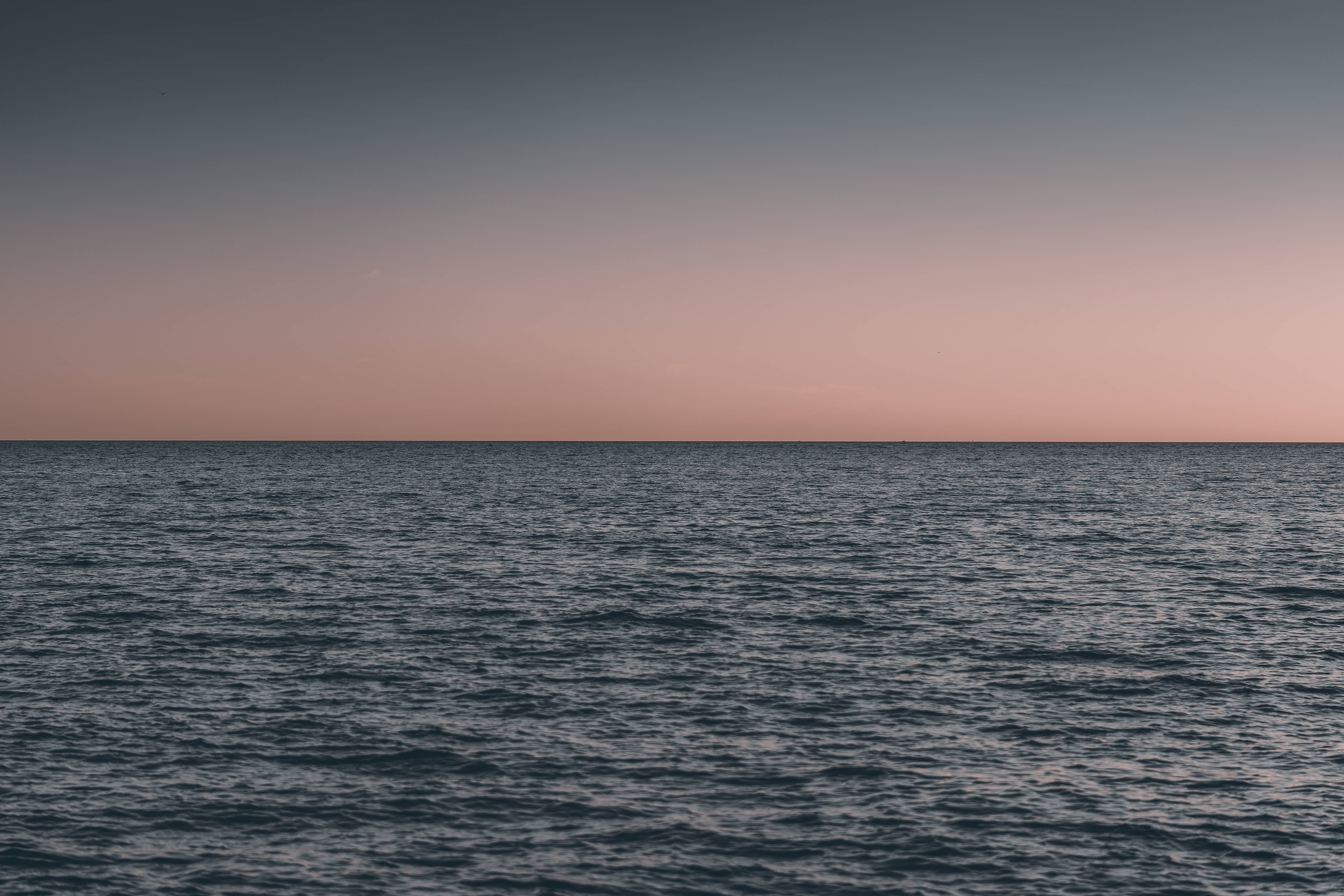 Calming 桌布 壁紙 — 寧靜的海洋在柔和的粉紅和灰色暮色天空下延伸至地平線。