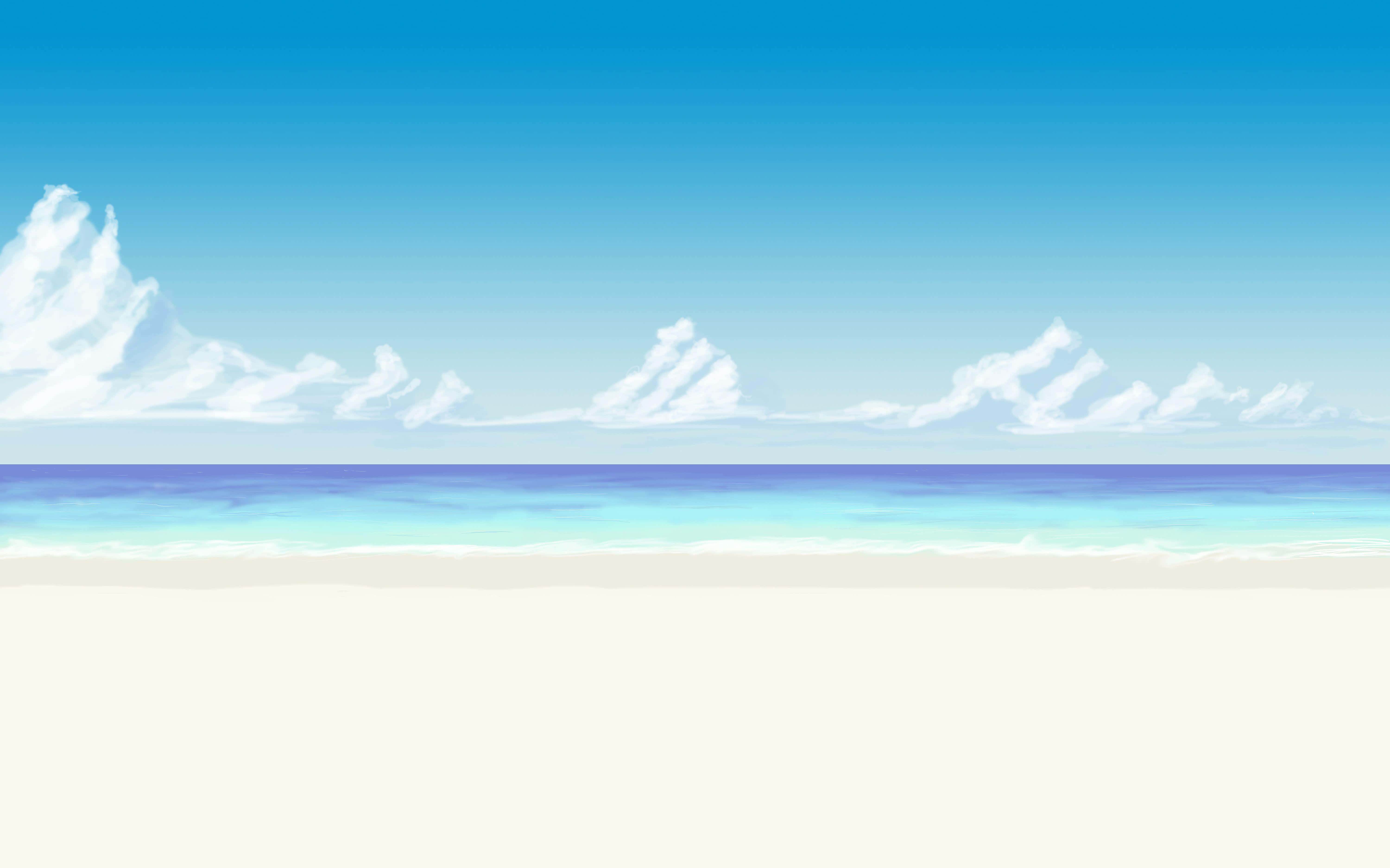 海灘 桌布 壁紙 — 寧靜的海灘場景，在清澈的藍天和蓬鬆的白雲下，碧綠的海浪輕拍著淡黃色的沙灘。