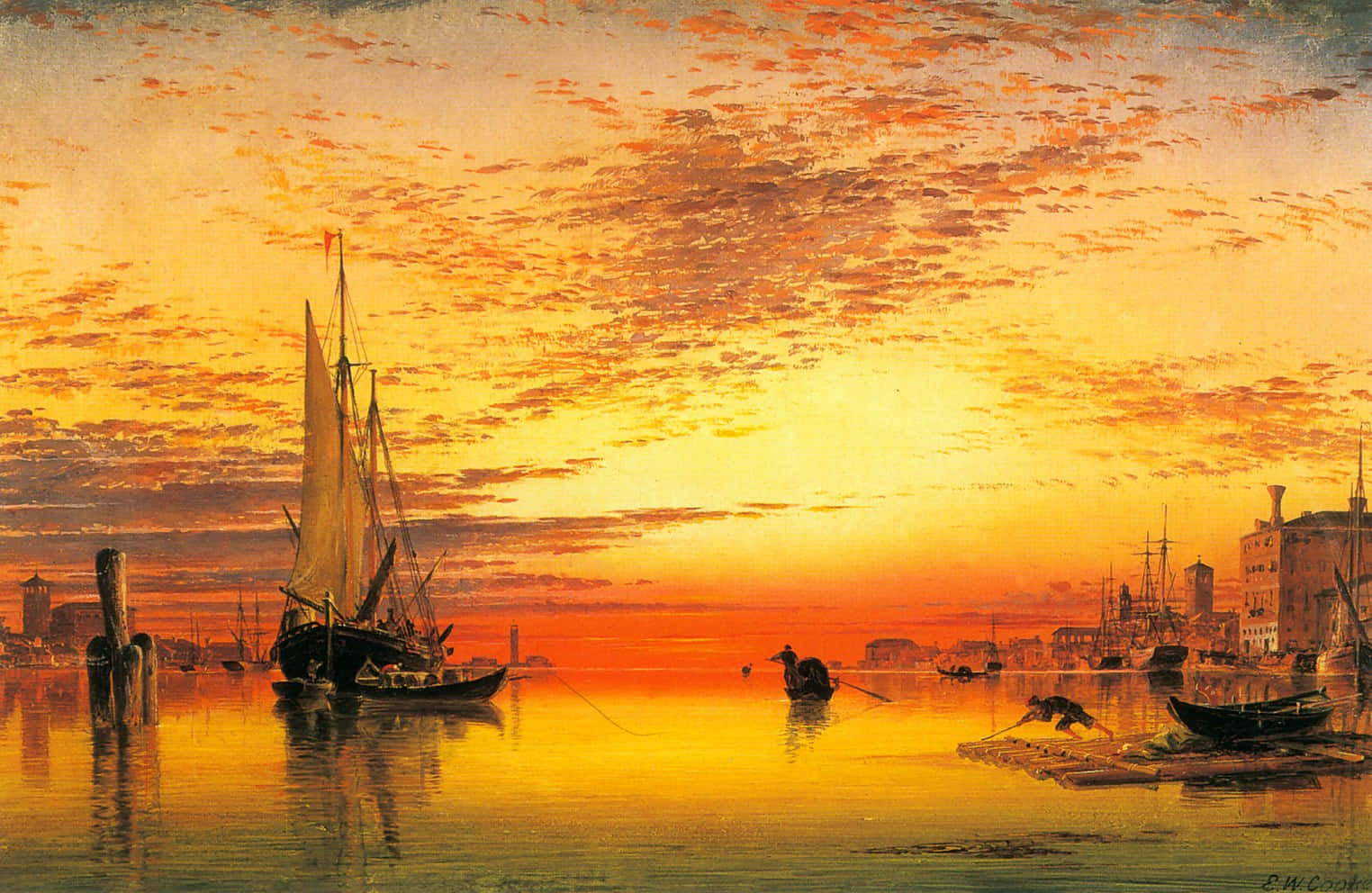 Oil Painting 桌布 壁紙 — 寧靜的港口日落，帆船和划艇在平靜的水面上反射金橙色雲彩。