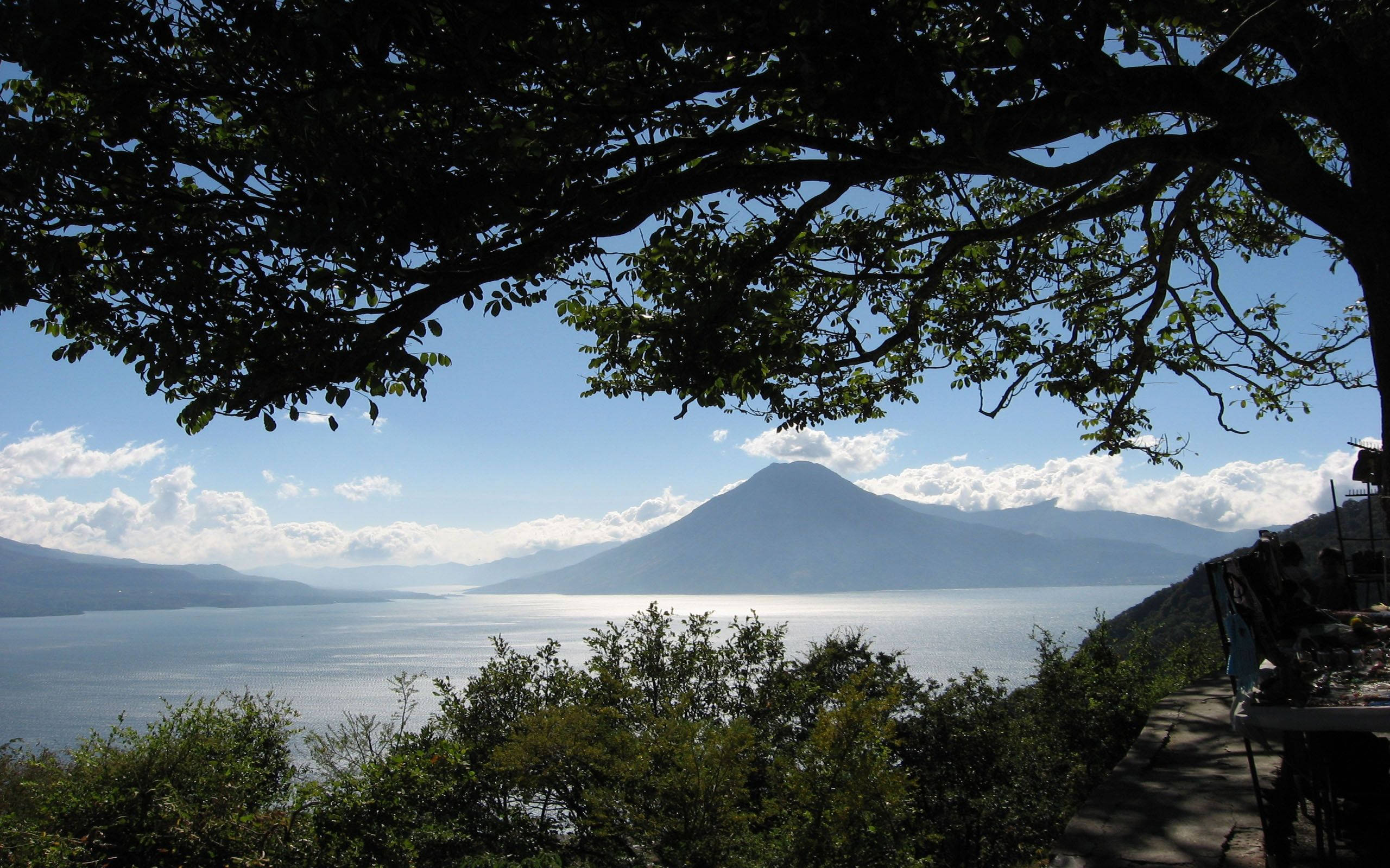 Guatemala 桌布 壁紙 — 寧靜的湖景被樹枝框住，遠處有一座火山，天空多雲。