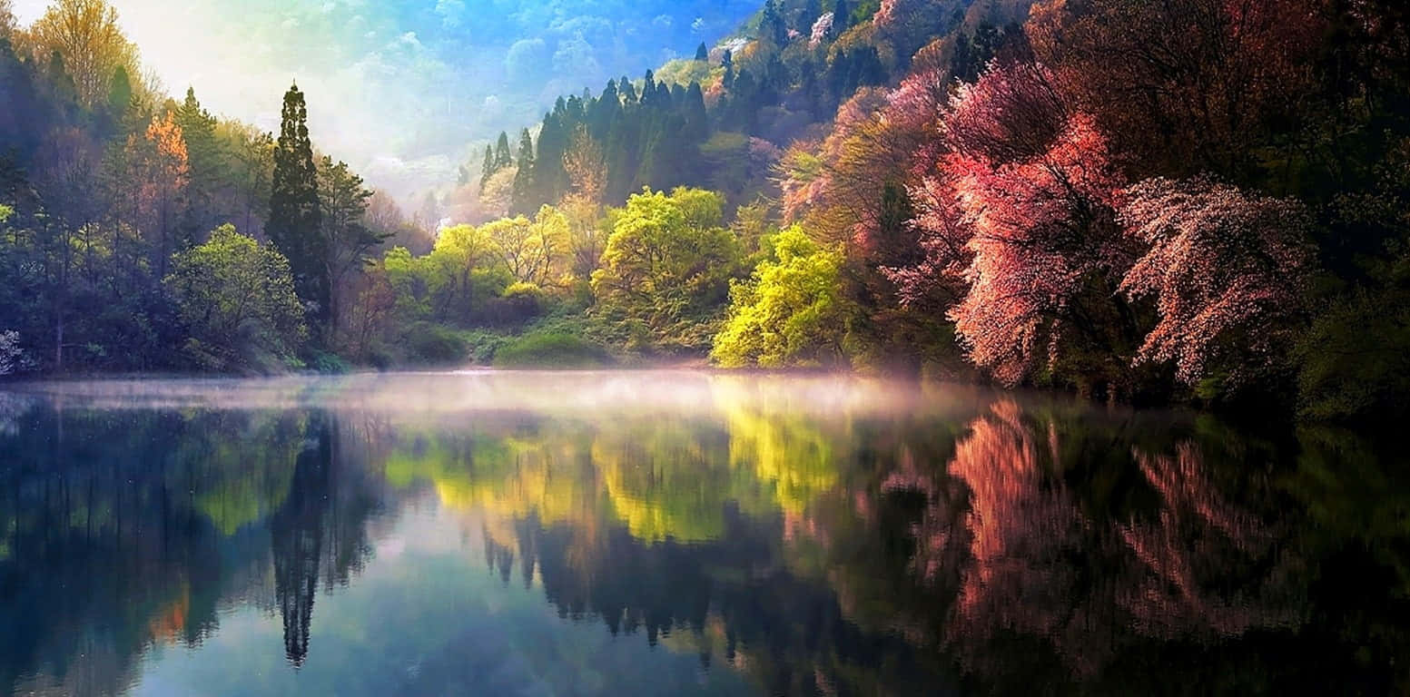 Spring Sunrise 桌布 壁紙 — 寧靜的湖面映照著朝霧瀰漫的天空下，盛開粉紅花朵和翠綠葉片的春日樹木。